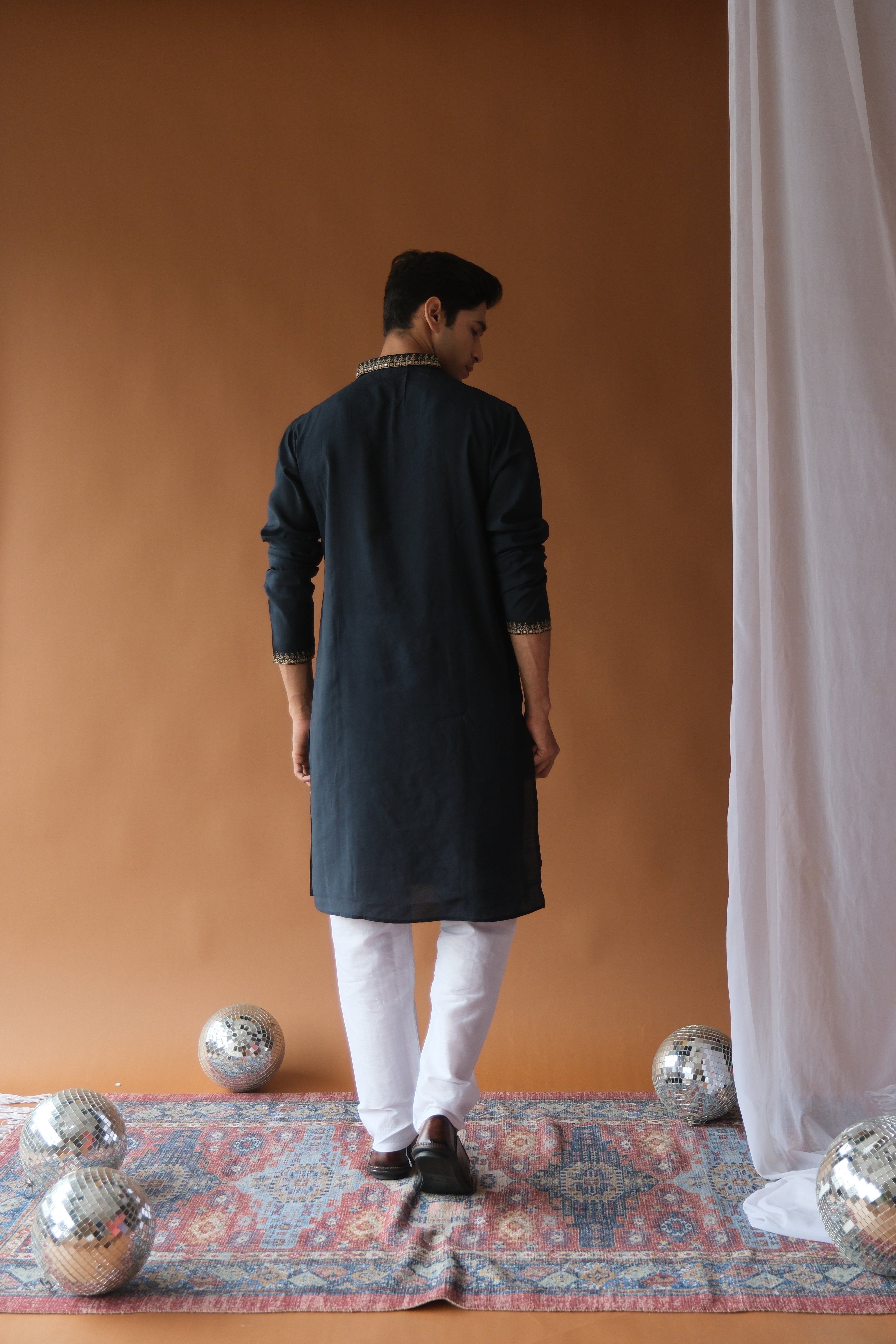 Sequin Navy Blue Neck-Work Embroidered Kurta for Men