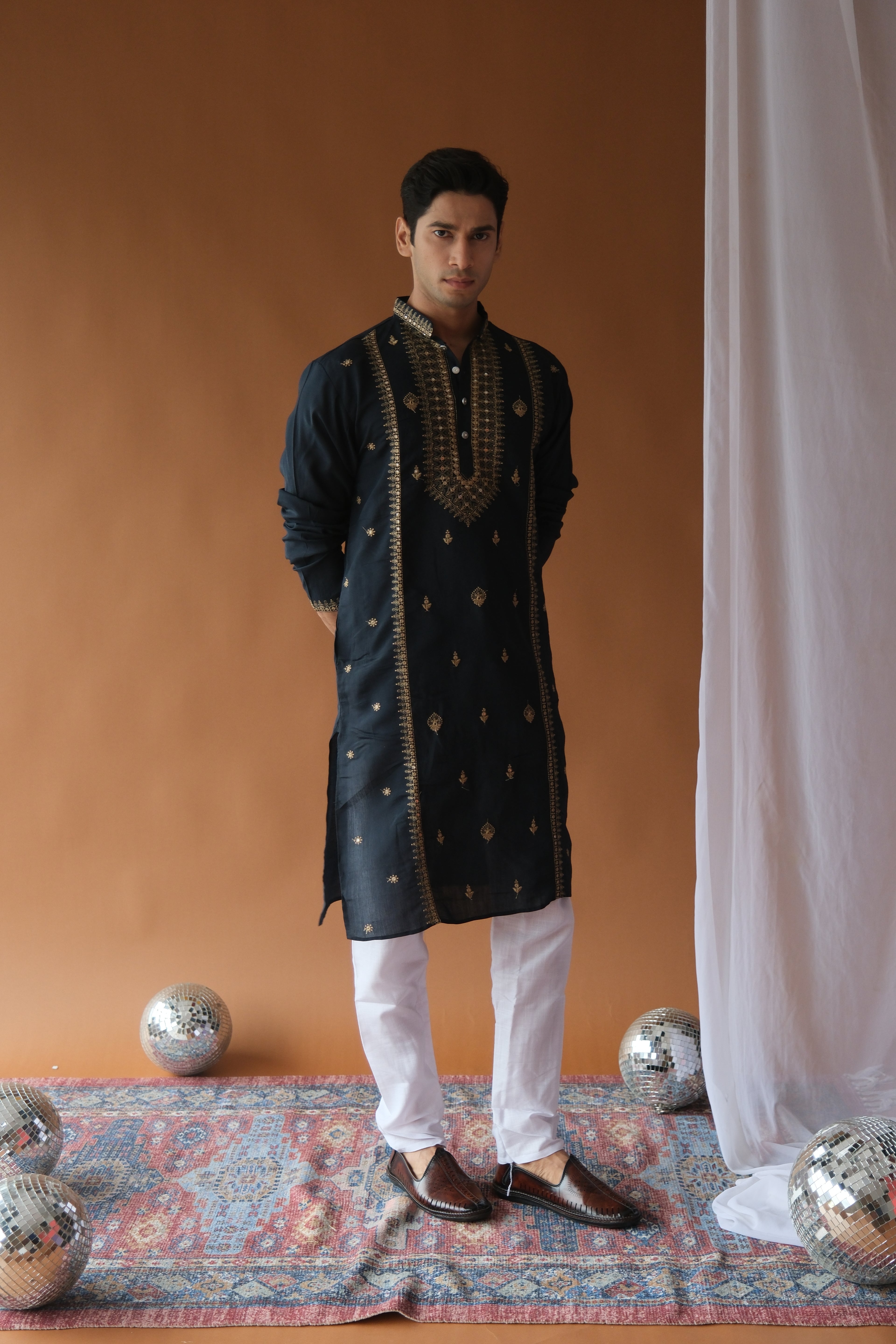 Sequin Navy Blue Neck-Work Embroidered Kurta for Men