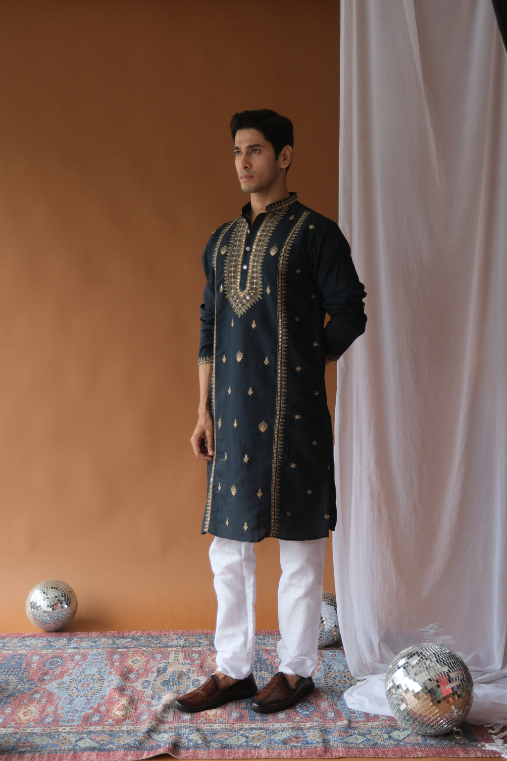 Sequin Navy Blue Neck-Work Embroidered Kurta for Men