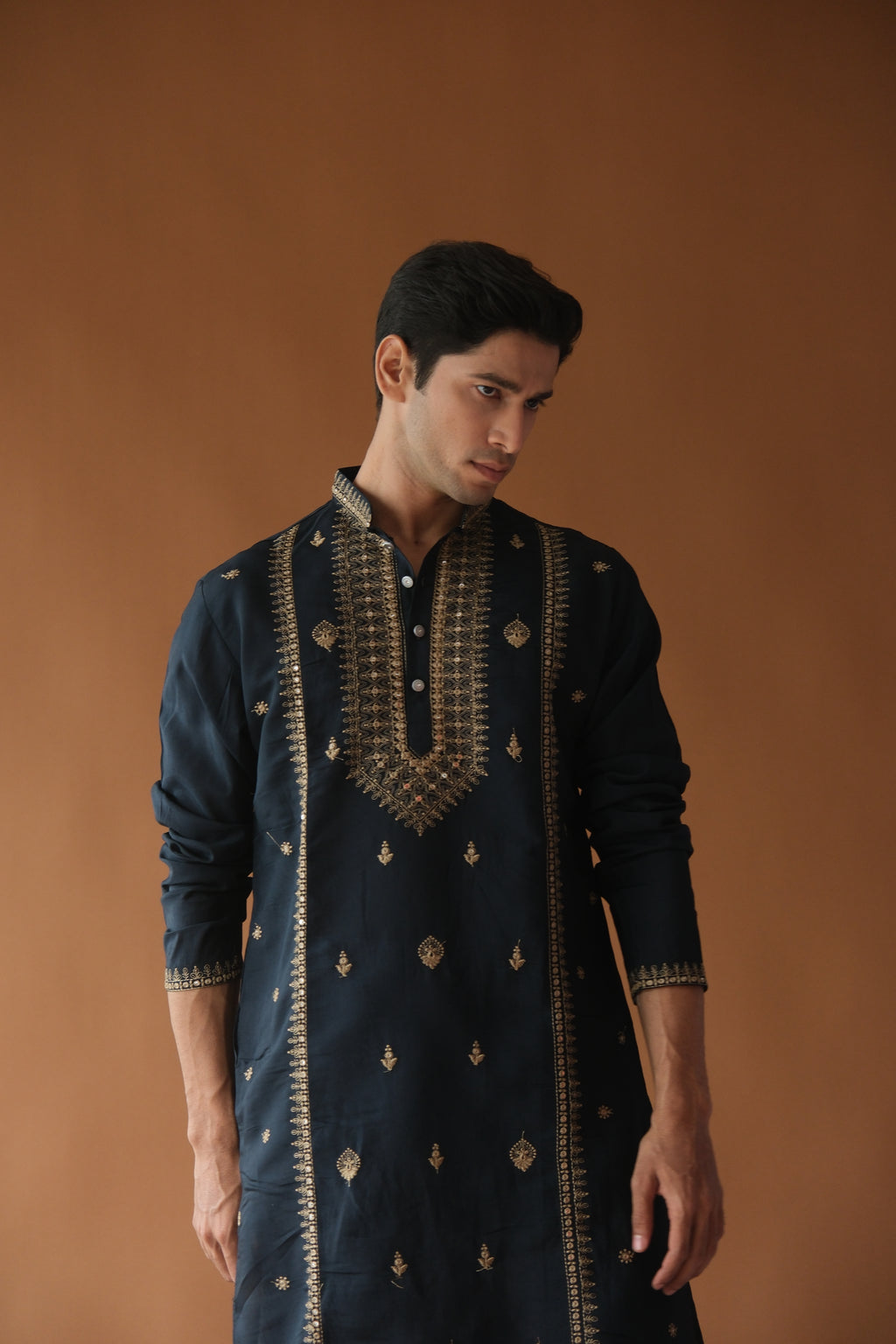 Sequin Navy Blue Neck-Work Embroidered Kurta for Men