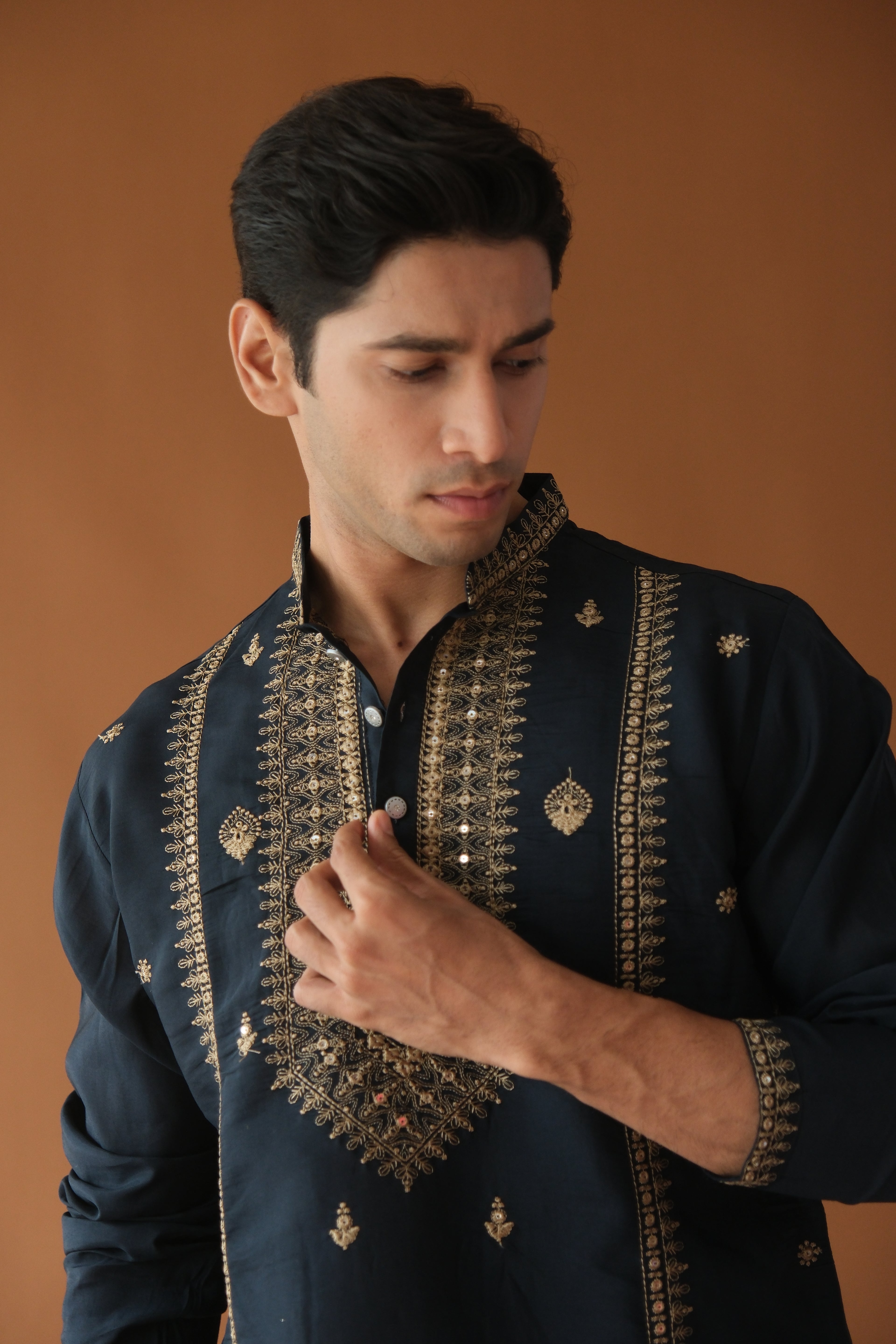 Sequin Navy Blue Neck-Work Embroidered Kurta for Men