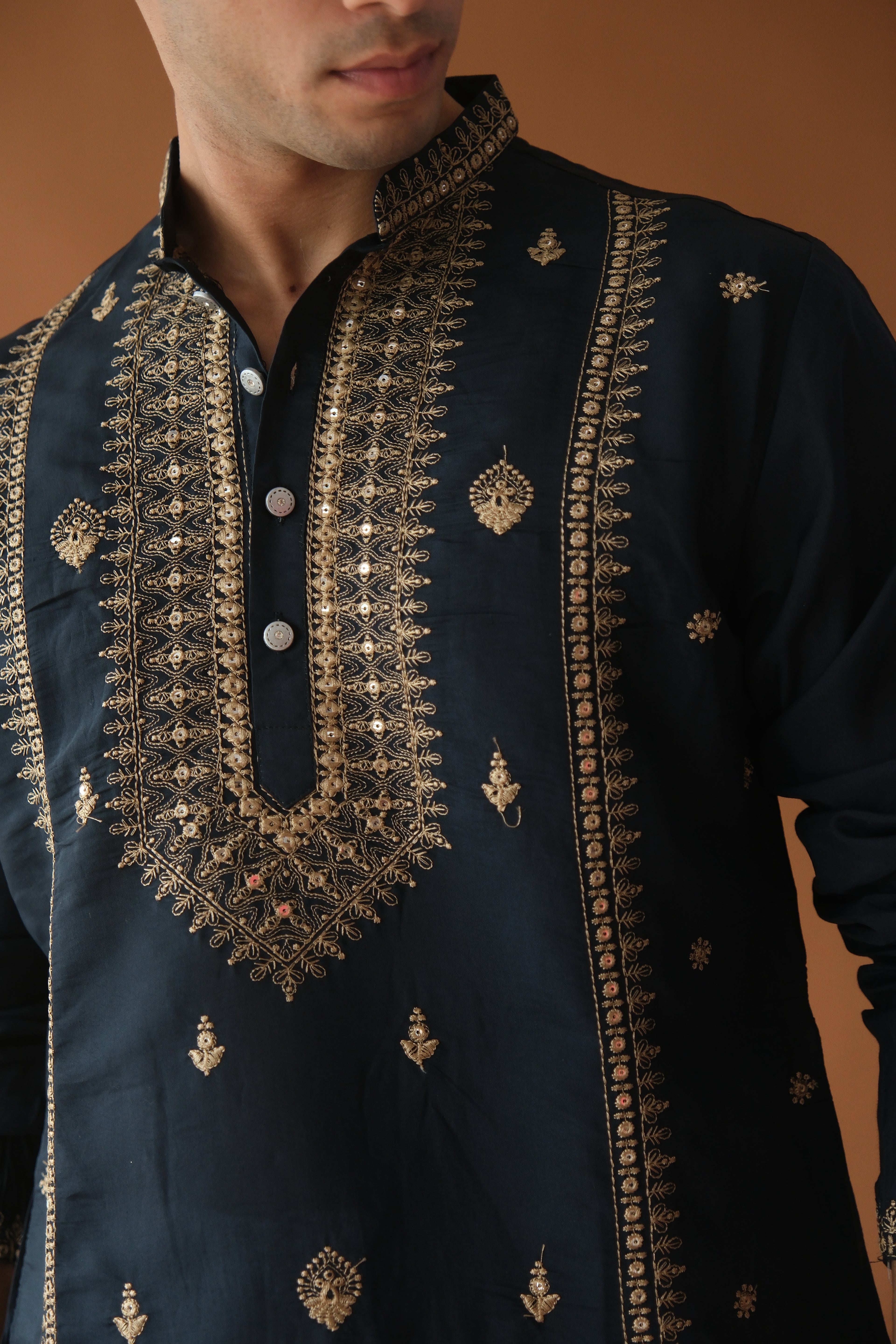 Sequin Navy Blue Neck-Work Embroidered Kurta for Men