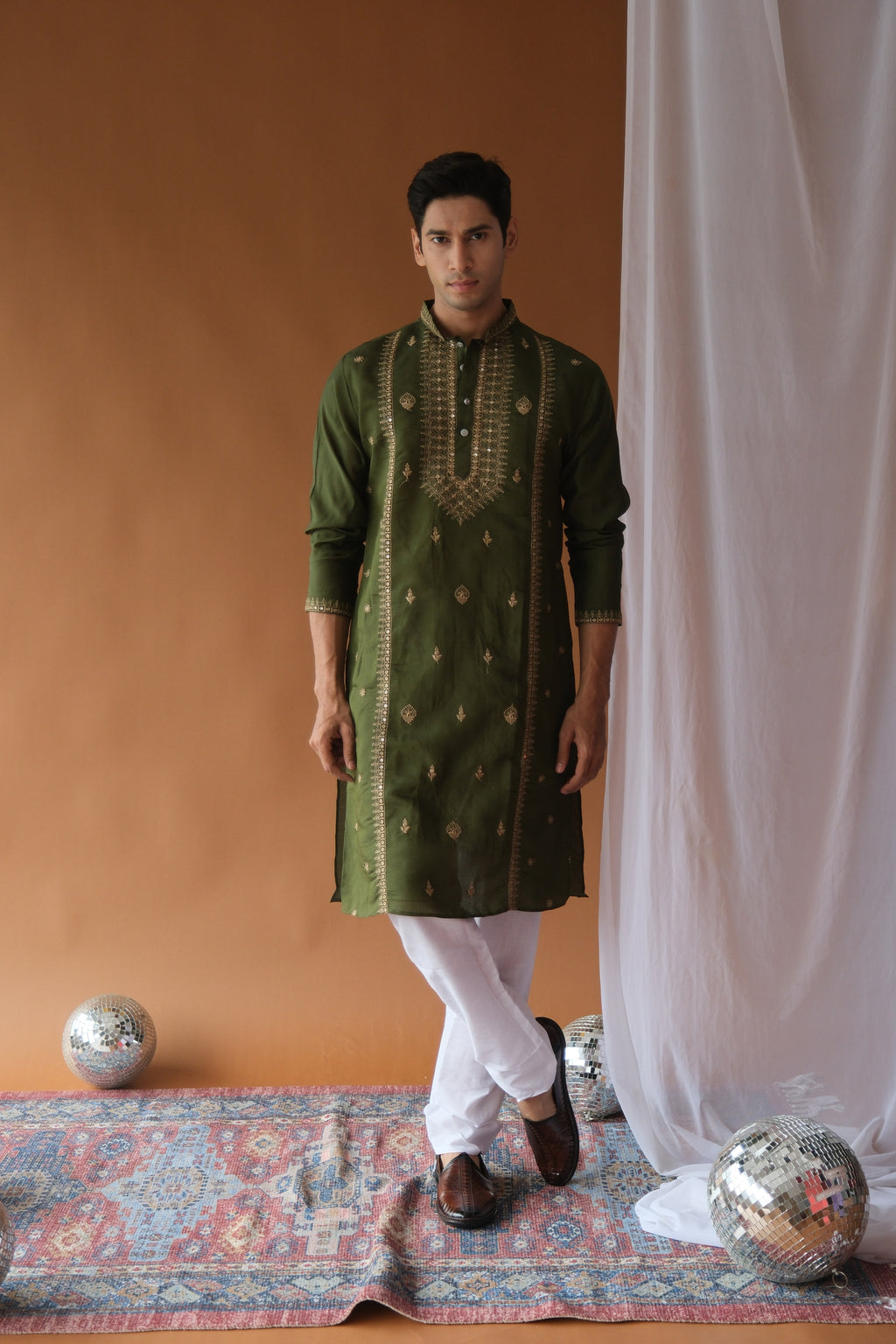 Sequin Olive Green Neck-Work Embroidered Kurta for Men