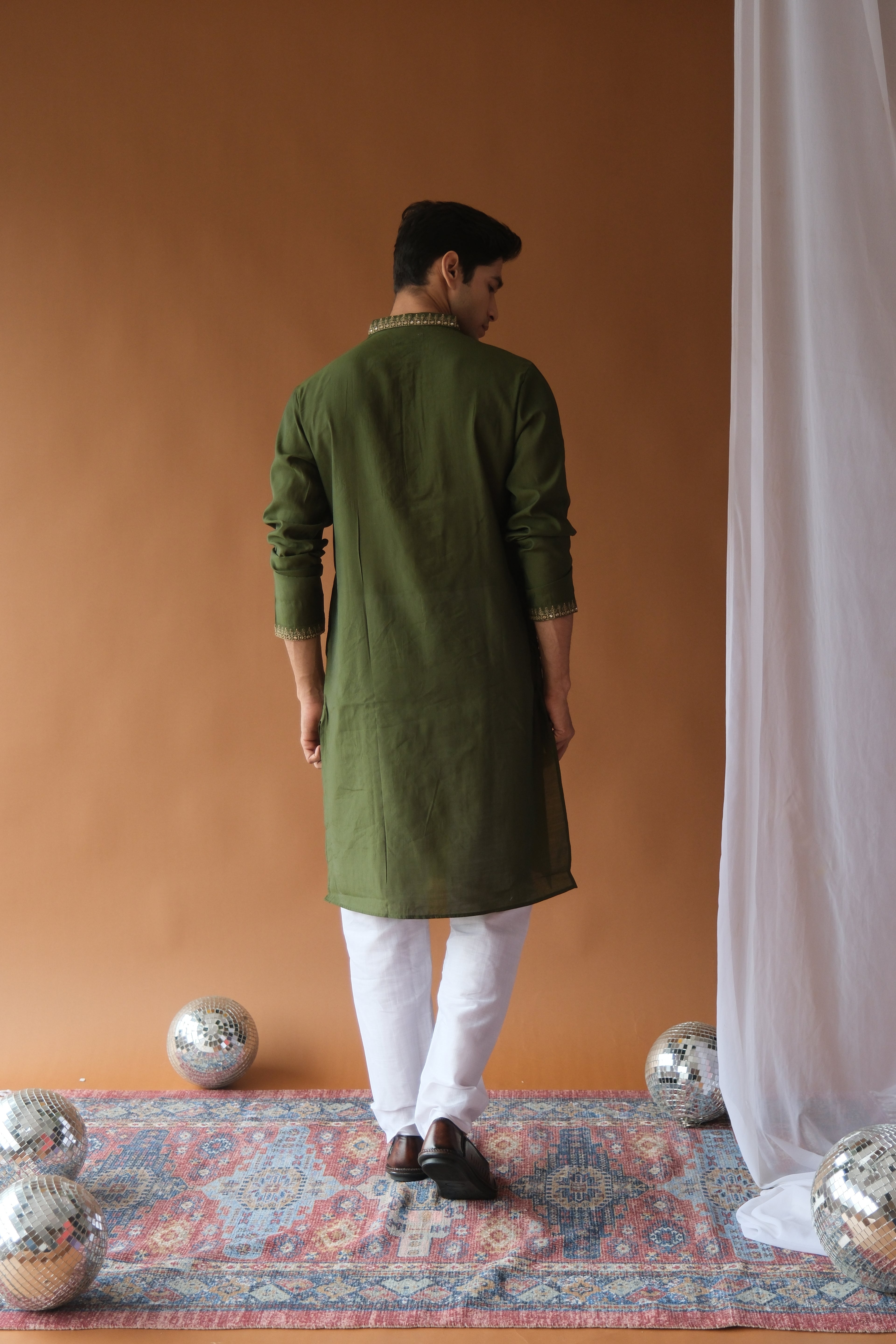 Sequin Olive Green Neck-Work Embroidered Kurta for Men