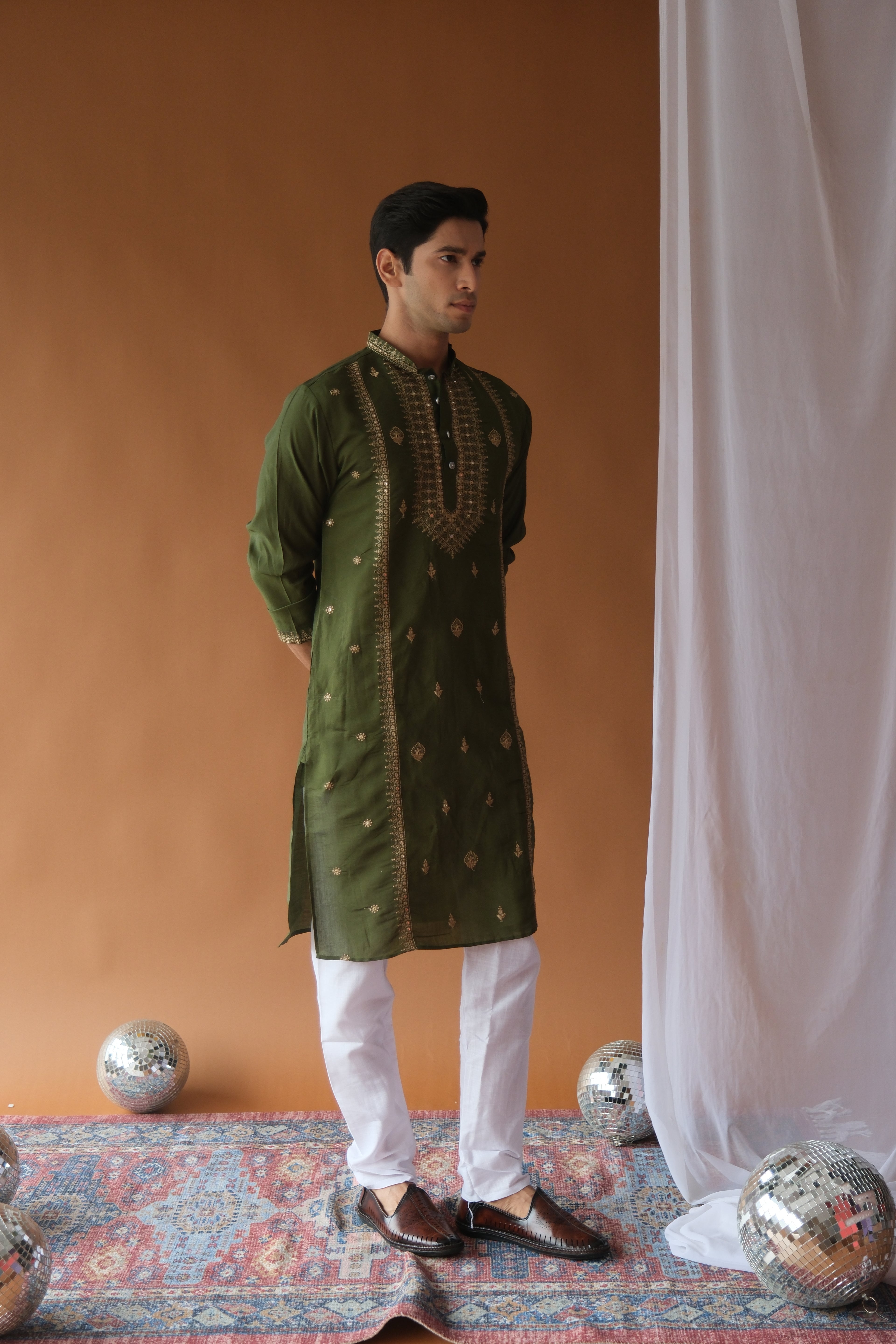 Sequin Olive Green Neck-Work Embroidered Kurta for Men