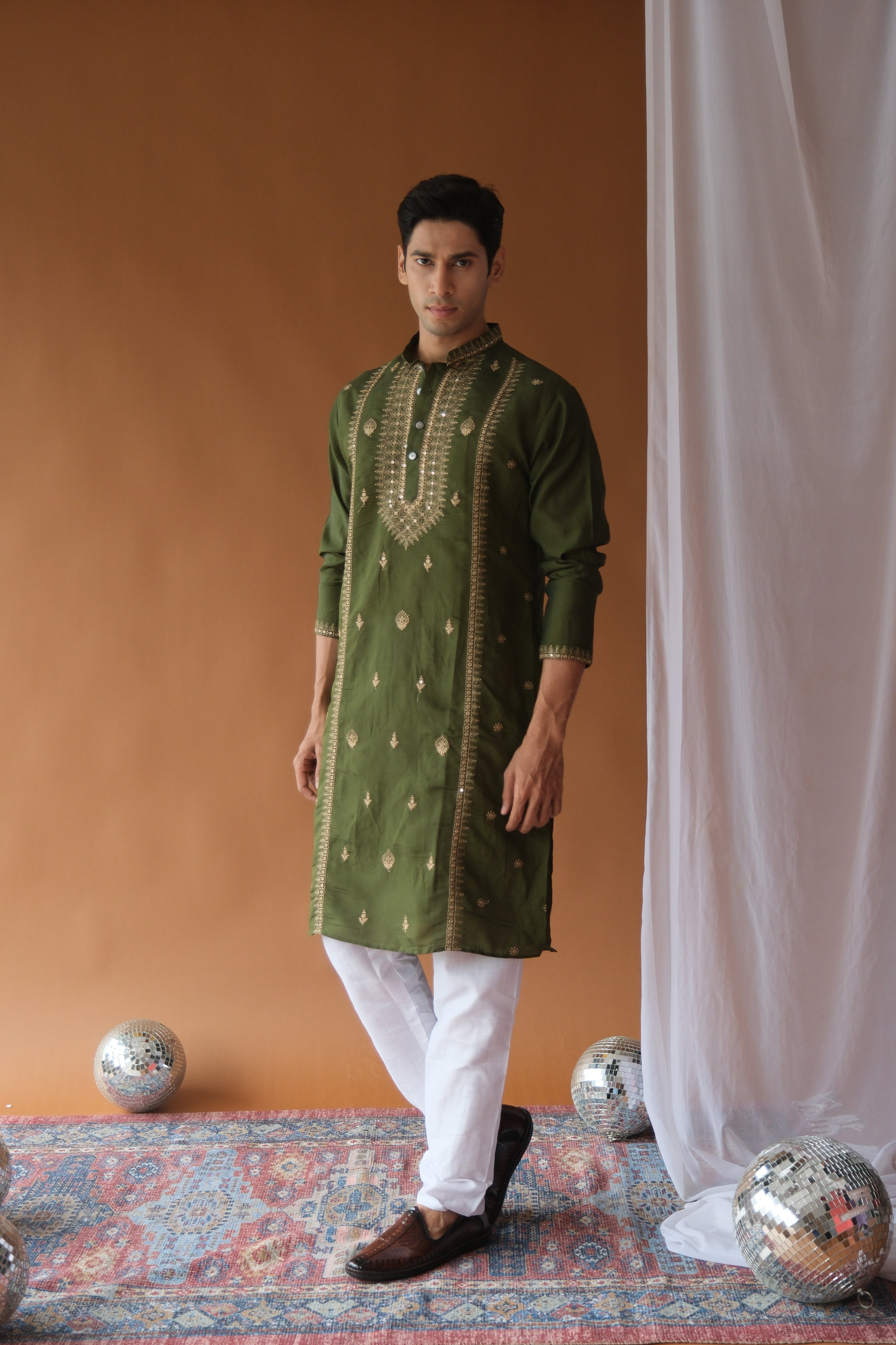 Sequin Olive Green Neck-Work Embroidered Kurta for Men