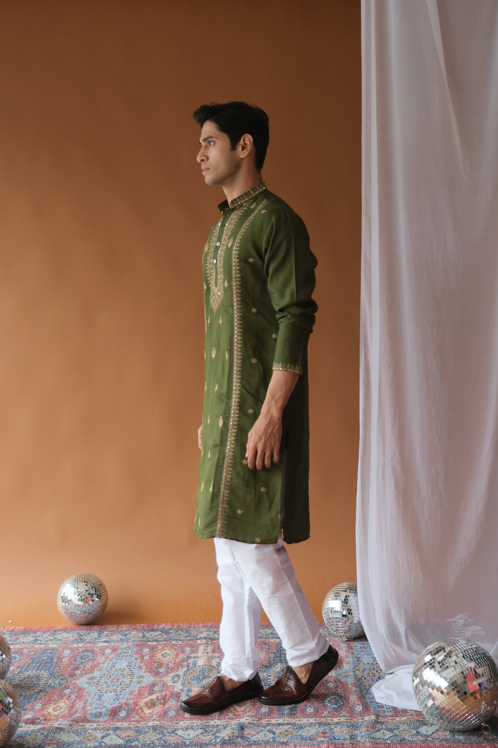 Sequin Olive Green Neck-Work Embroidered Kurta for Men
