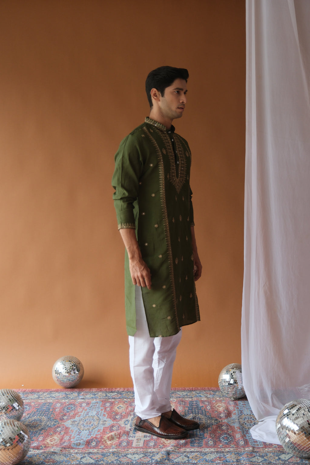 Sequin Olive Green Neck-Work Embroidered Kurta for Men