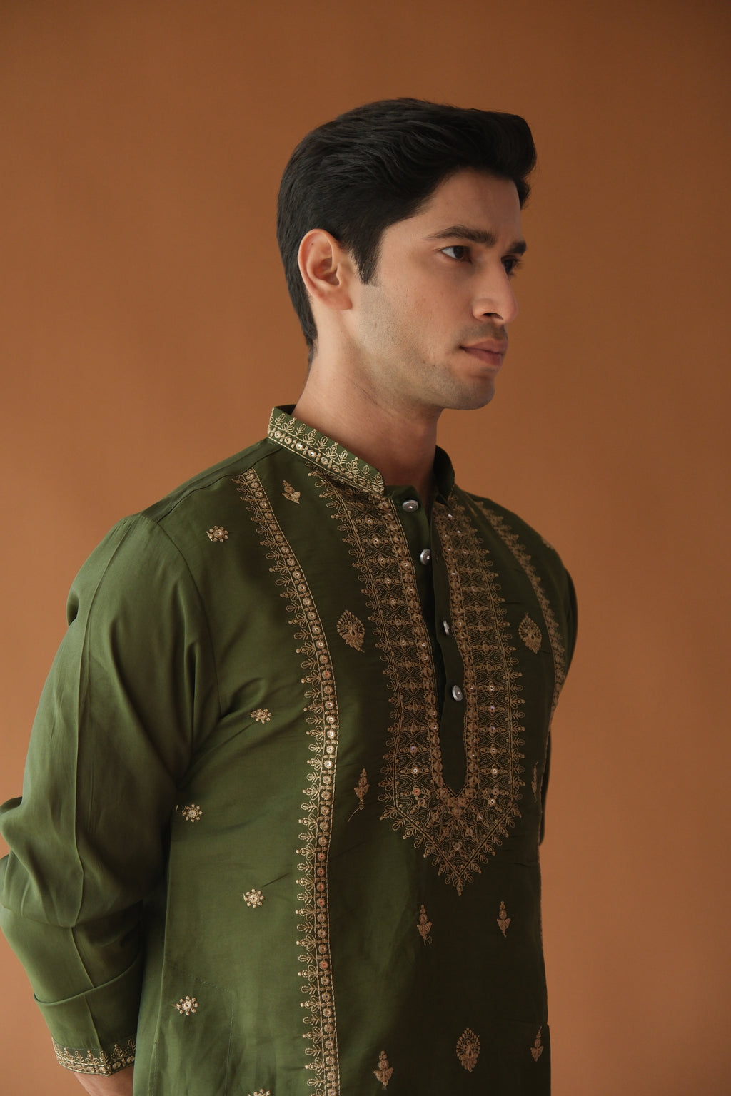 Sequin Olive Green Neck-Work Embroidered Kurta for Men