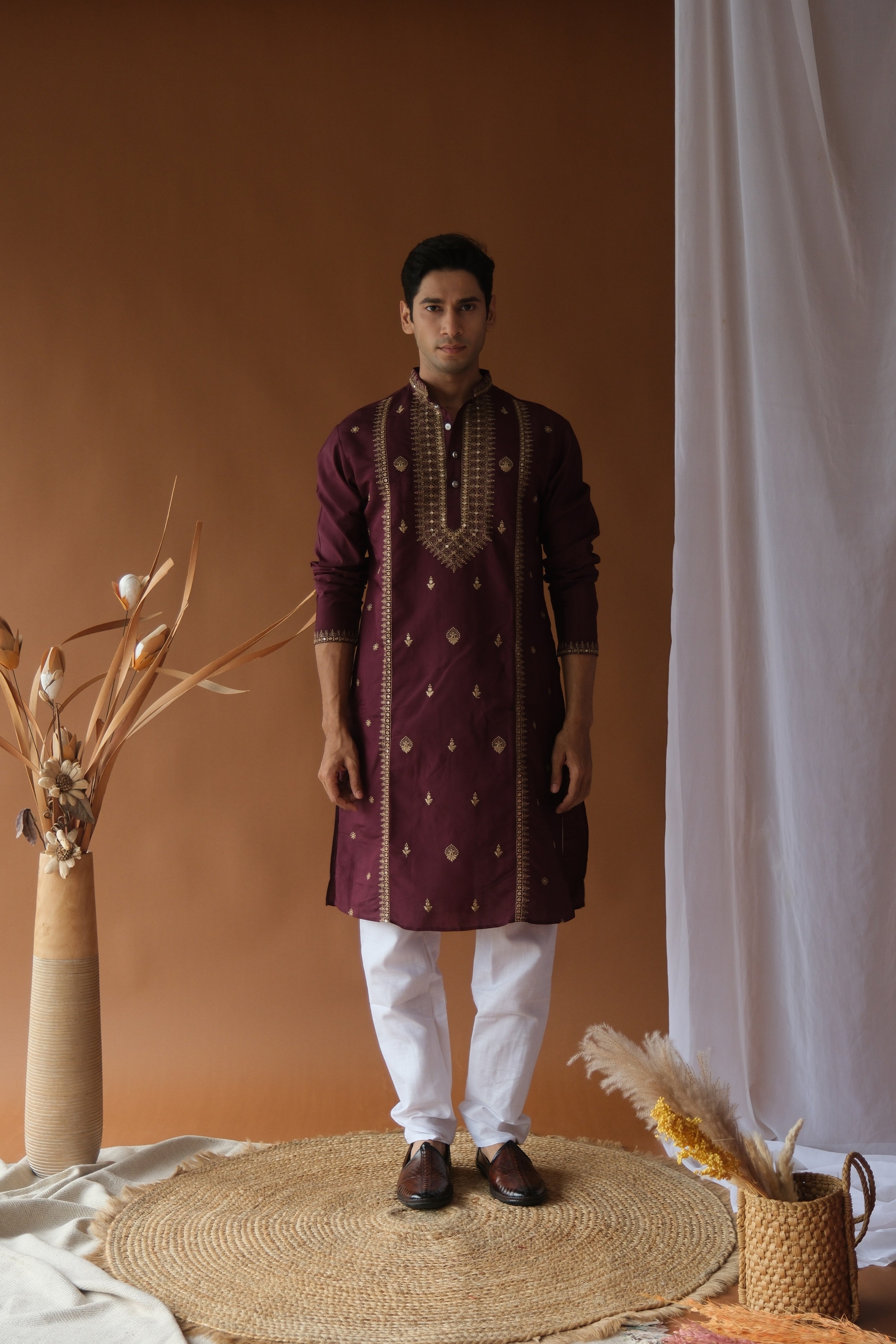Sequin Royal Purple Neck-Work Embroidered Kurta for Men