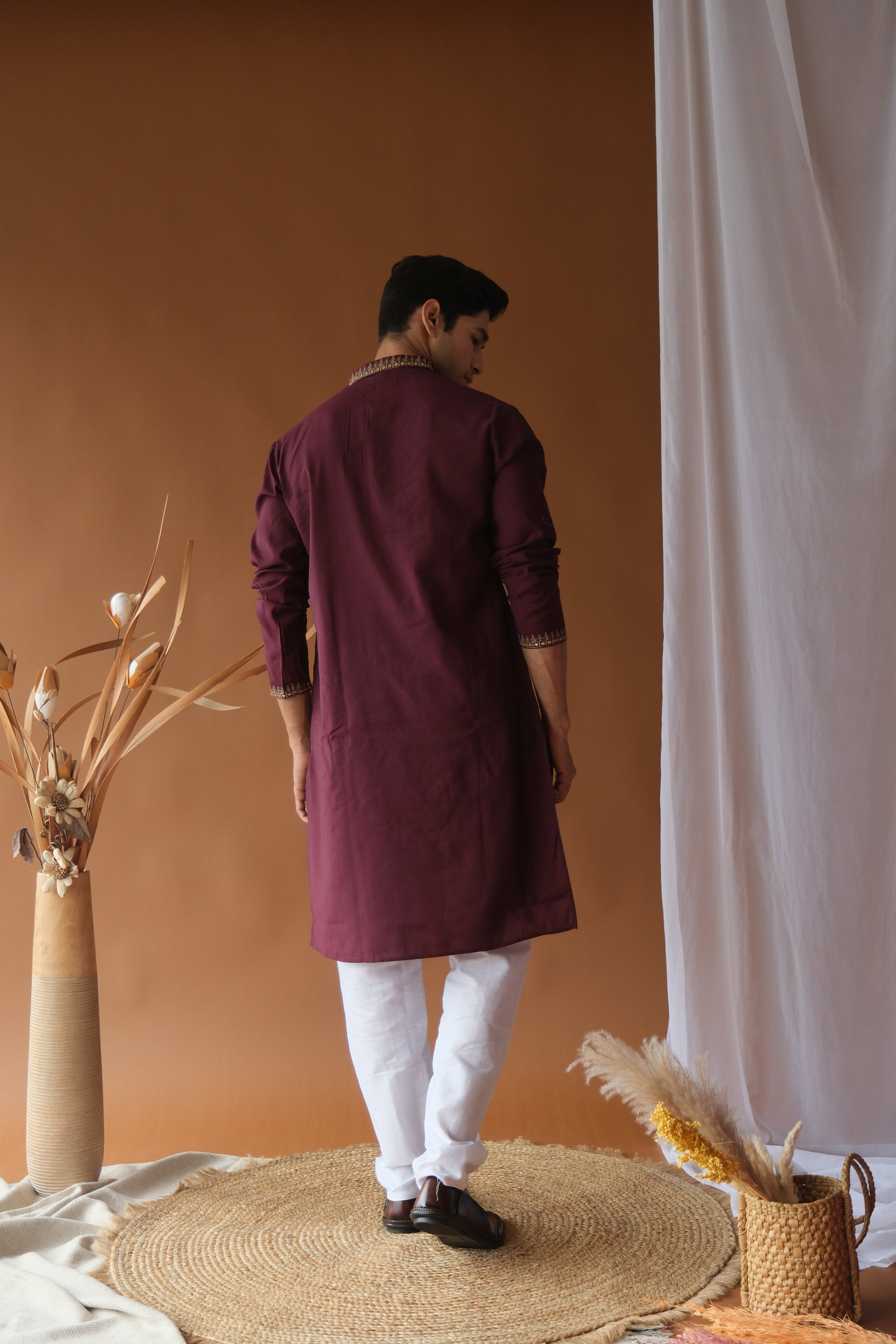 Sequin Royal Purple Neck-Work Embroidered Kurta for Men