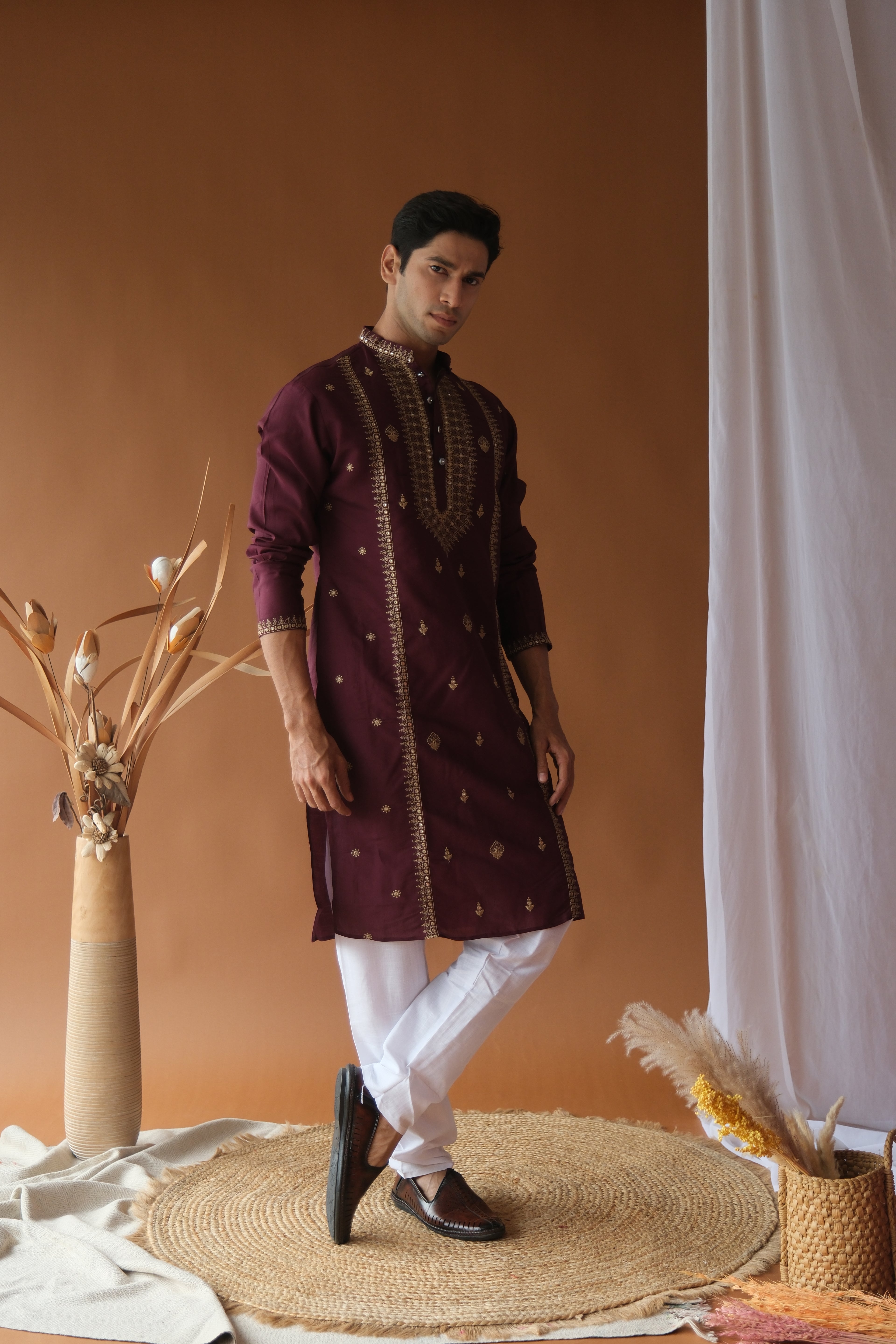 Sequin Royal Purple Neck-Work Embroidered Kurta for Men
