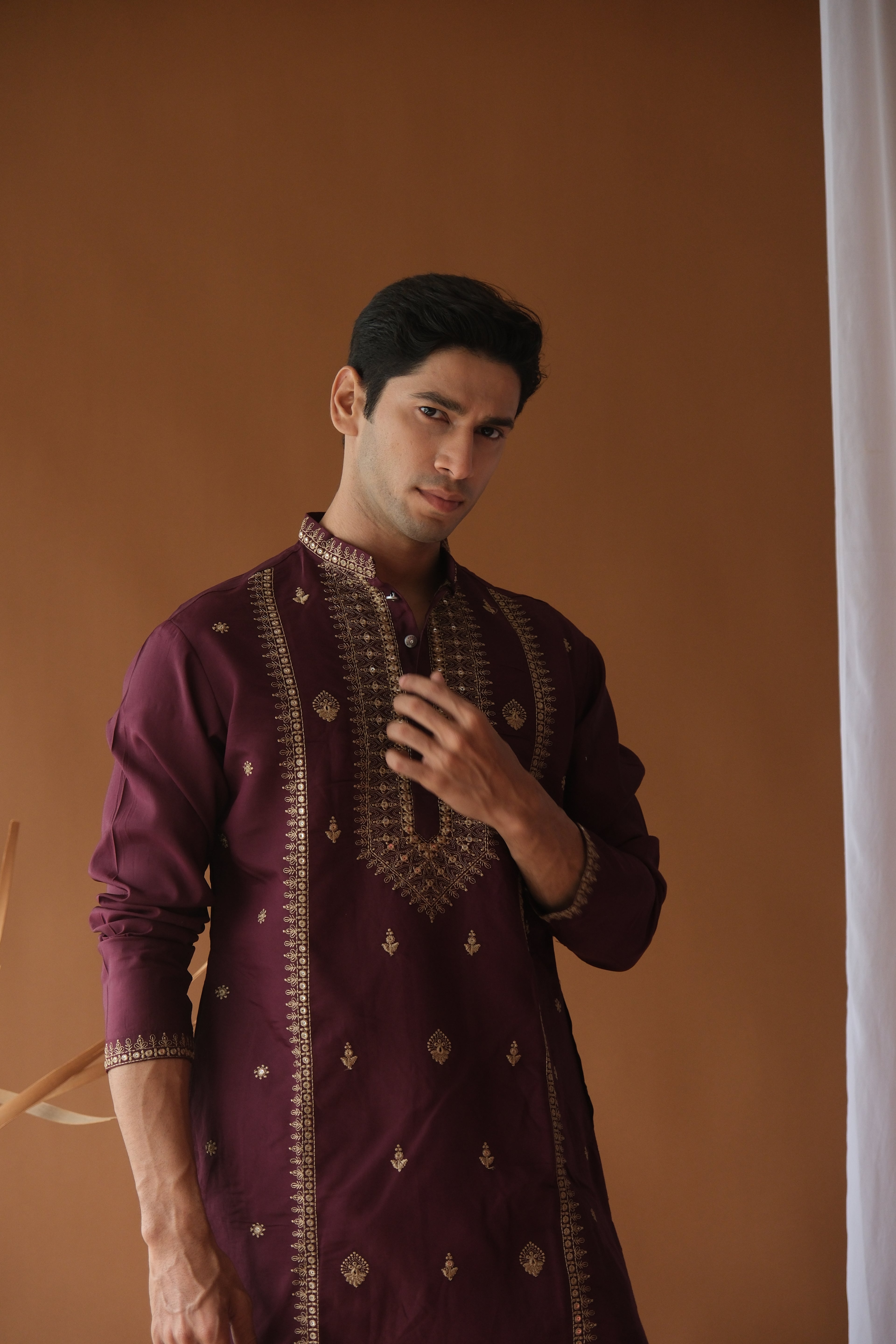 Sequin Royal Purple Neck-Work Embroidered Kurta for Men