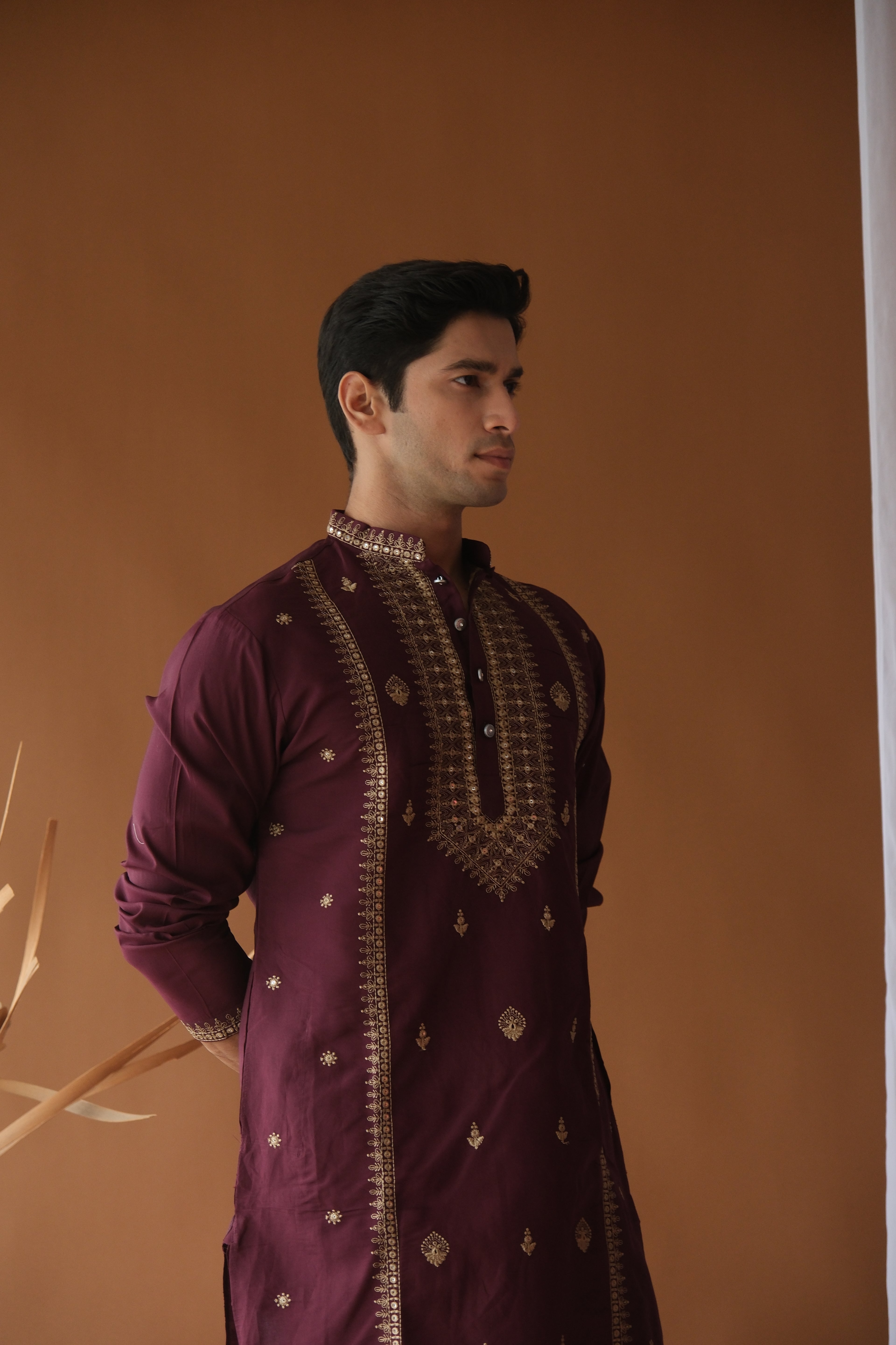 Sequin Royal Purple Neck-Work Embroidered Kurta for Men