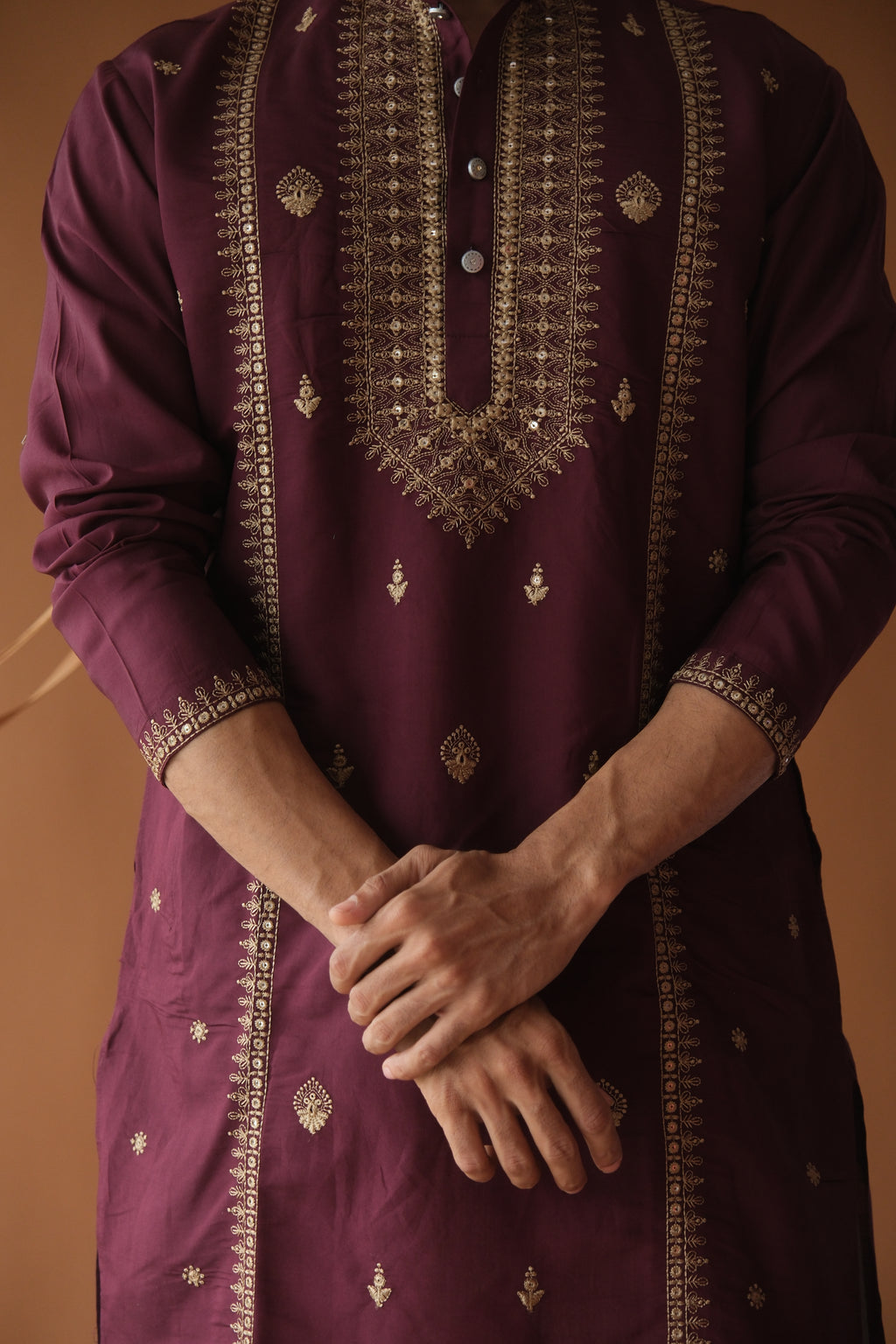 Sequin Royal Purple Neck-Work Embroidered Kurta for Men