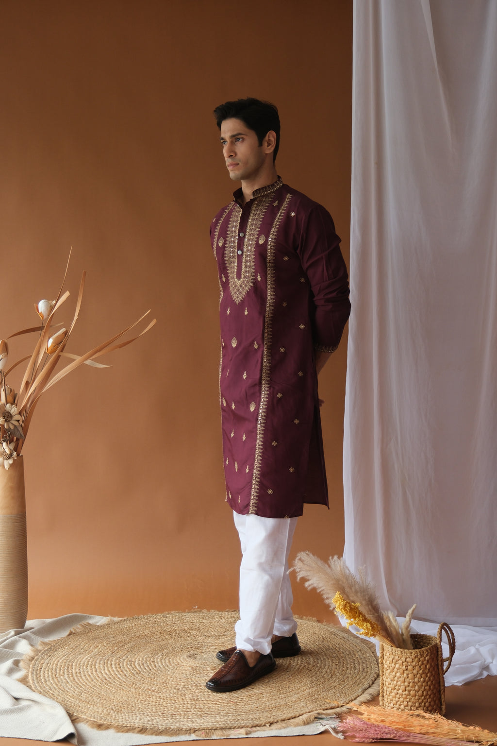 Sequin Royal Purple Neck-Work Embroidered Kurta for Men