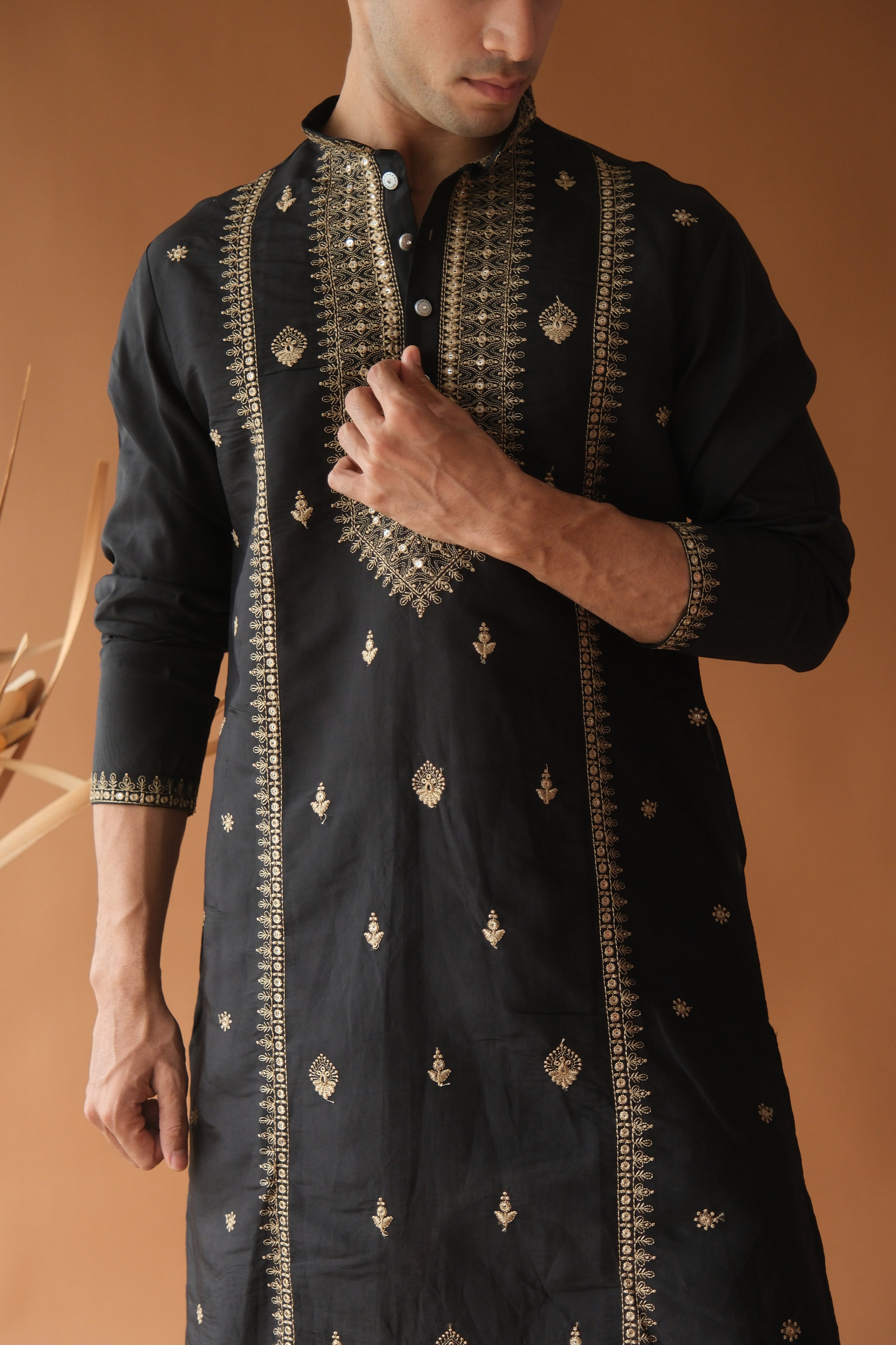 Sequin Z Black Neck-Work Embroidered Kurta for Men