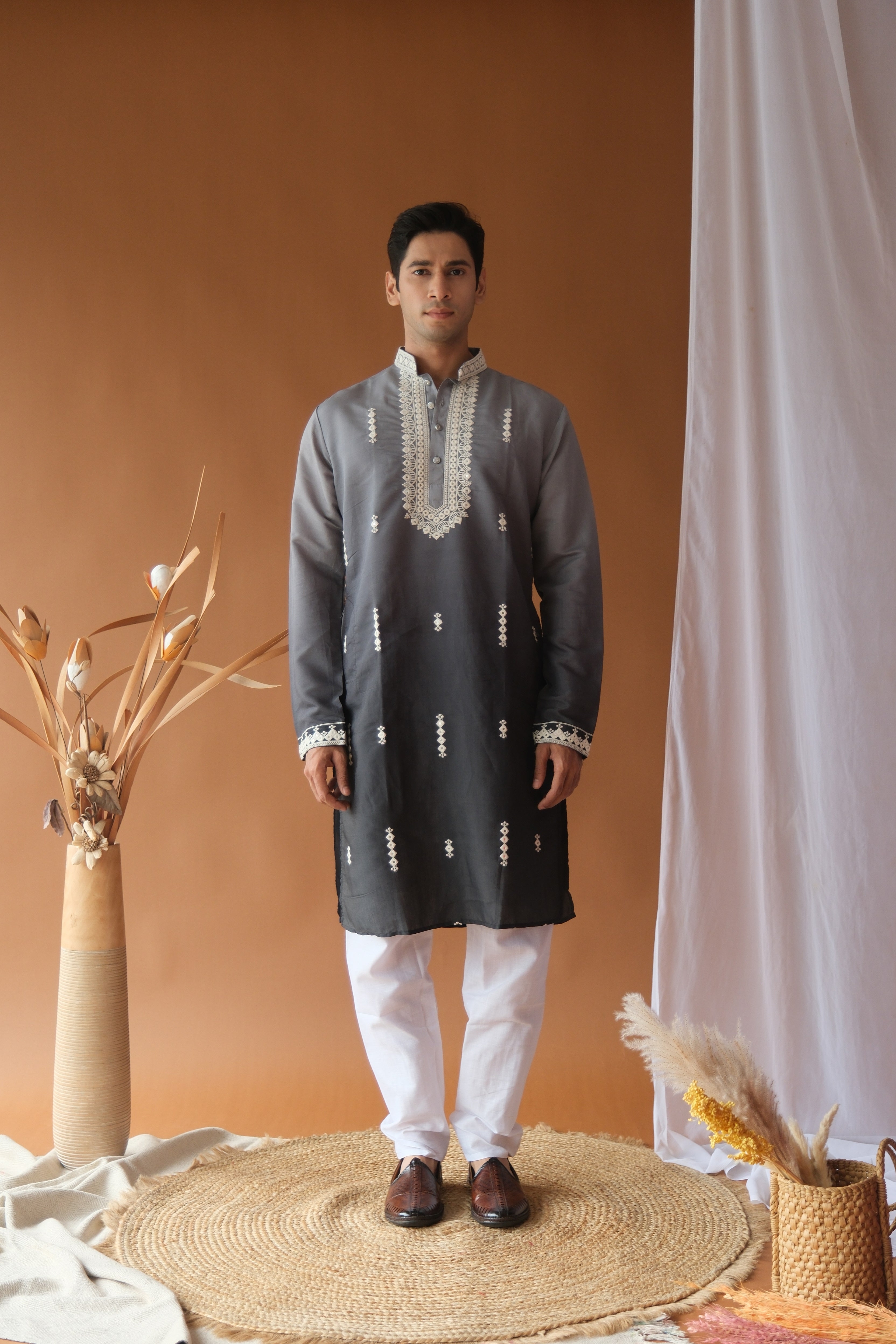 Men's Grey Black Sequence Embroidered Round Neck Kurta