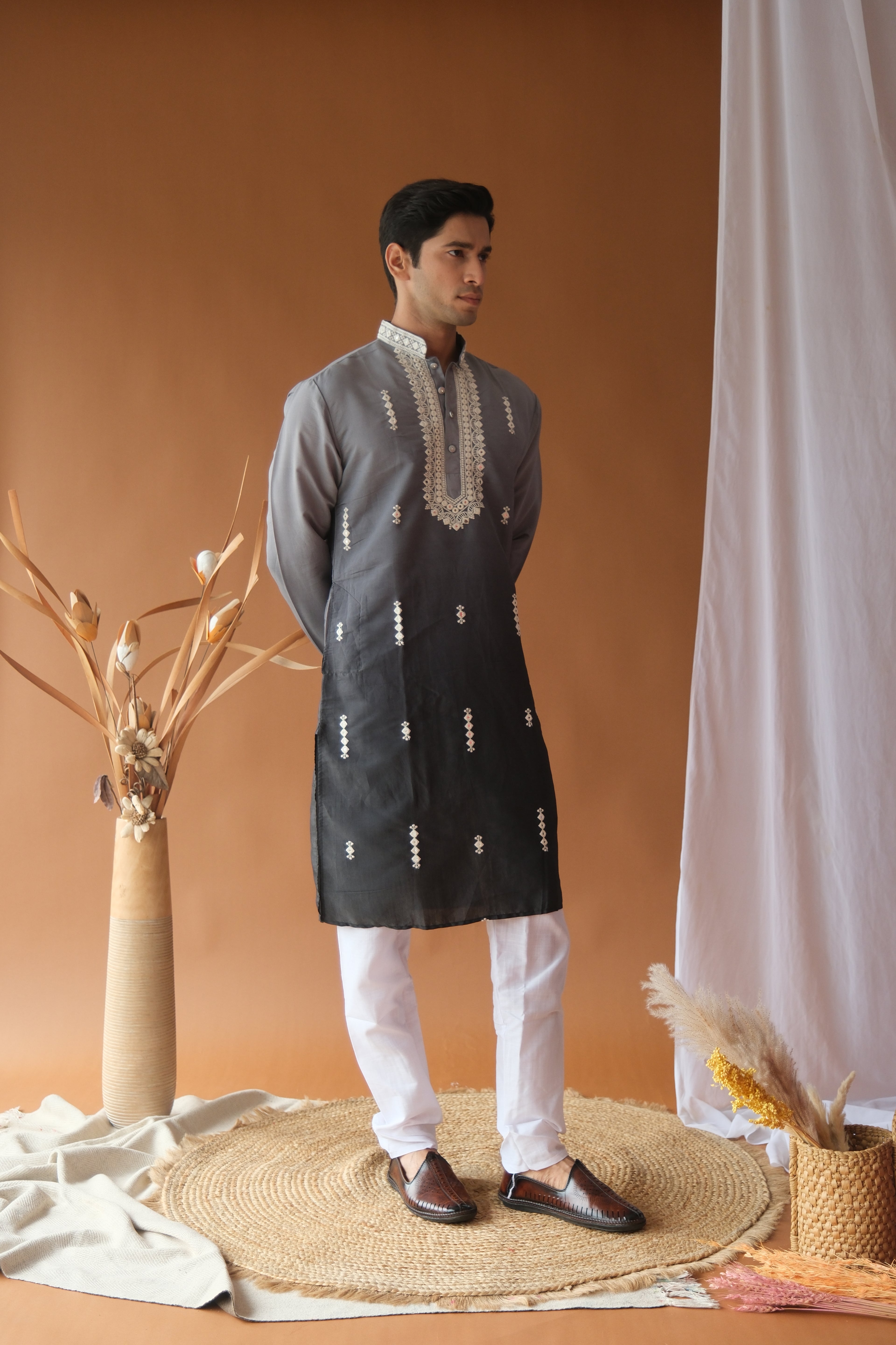 Men's Grey Black Sequence Embroidered Round Neck Kurta