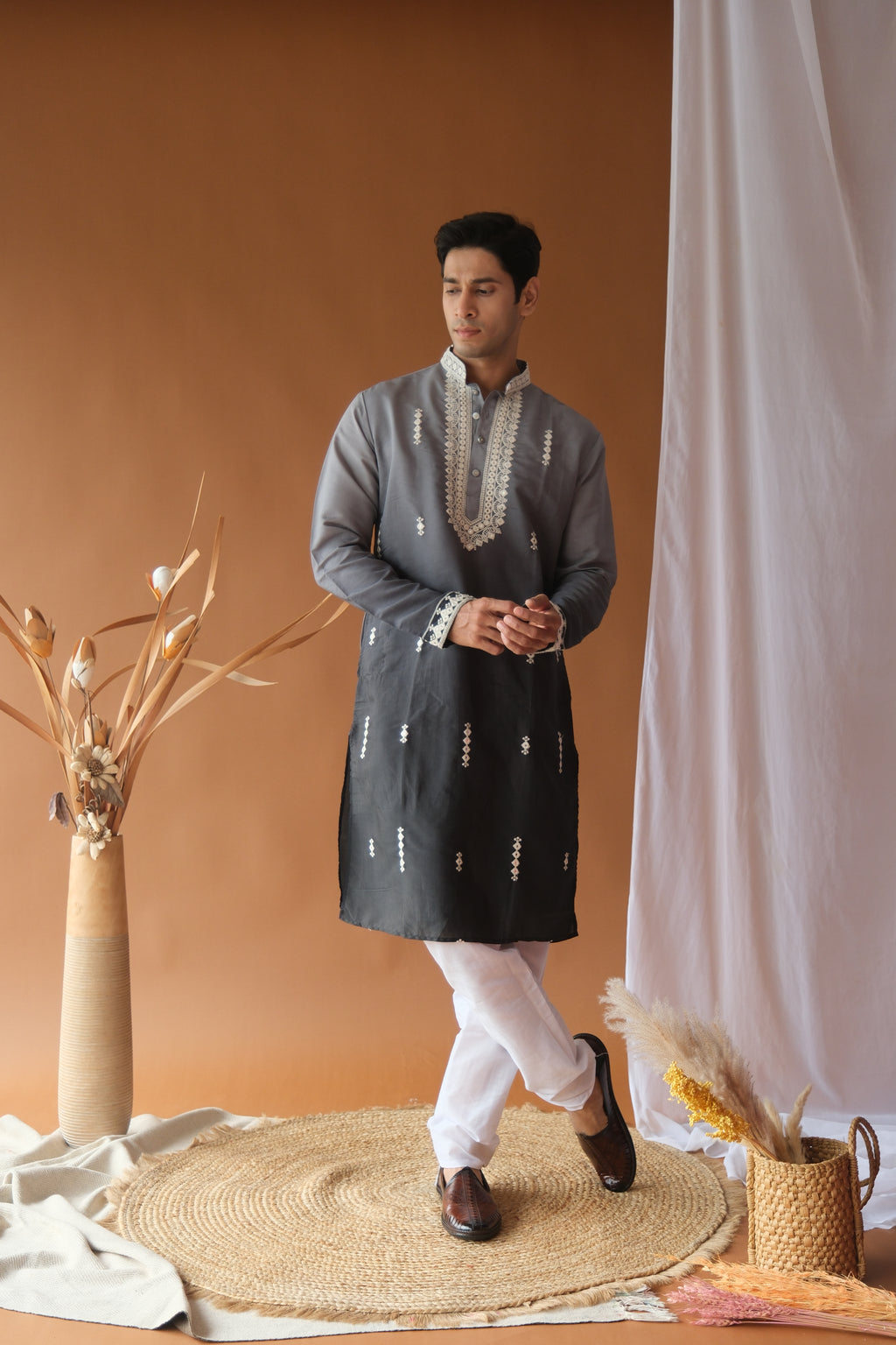 Men's Grey Black Sequence Embroidered Round Neck Kurta