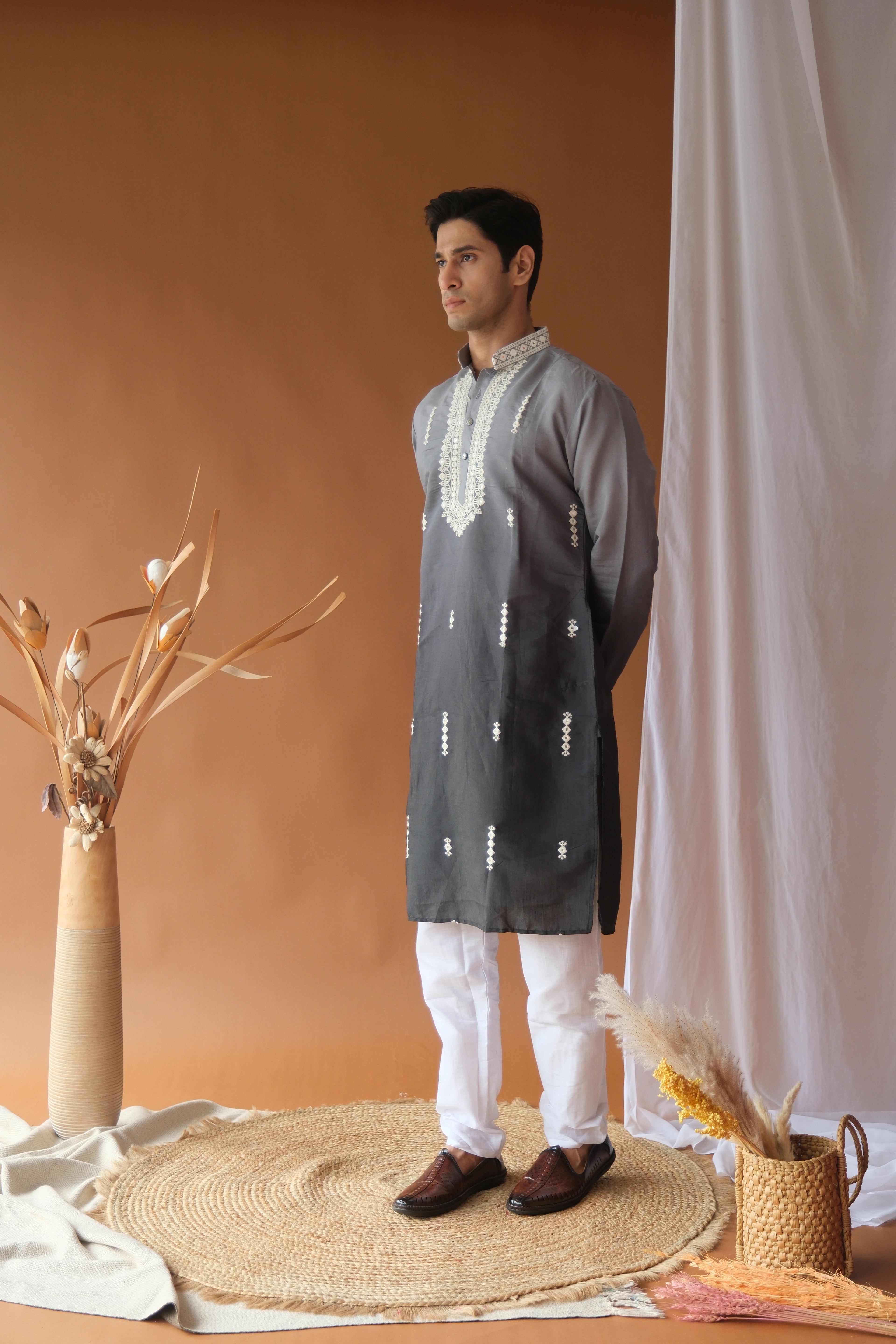 Men's Grey Black Sequence Embroidered Round Neck Kurta