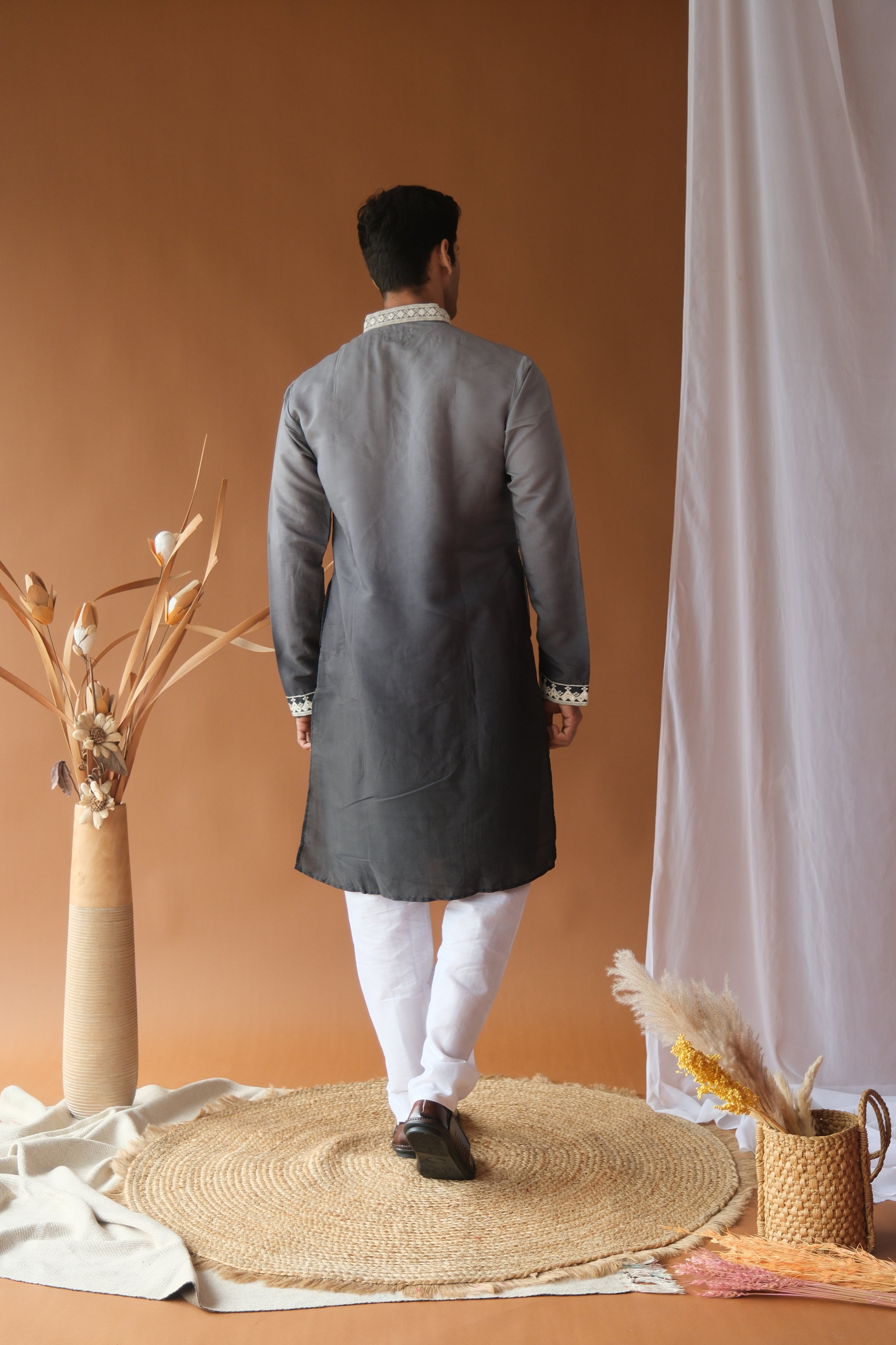 Men's Grey Black Sequence Embroidered Round Neck Kurta