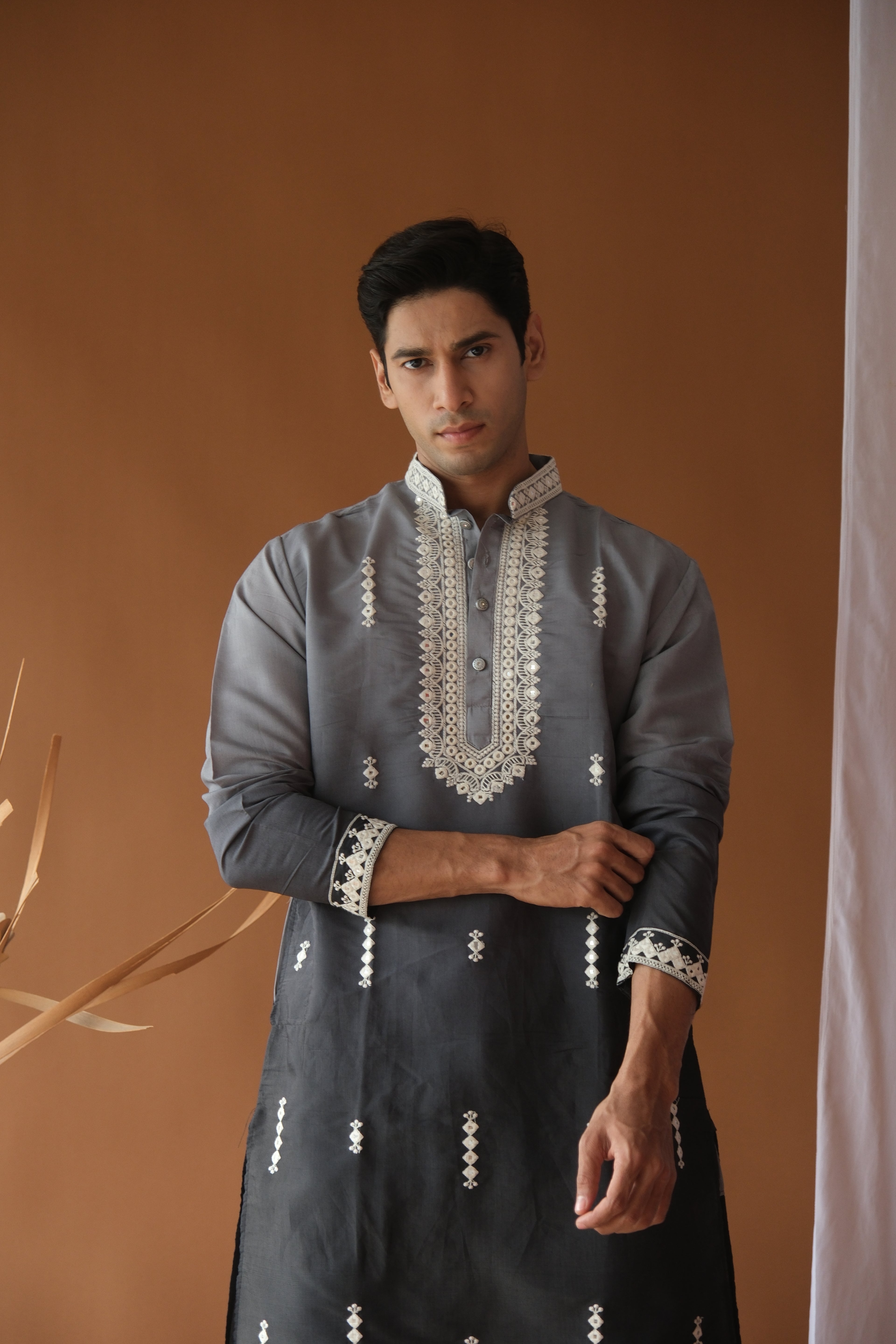 Men's Grey Black Sequence Embroidered Round Neck Kurta