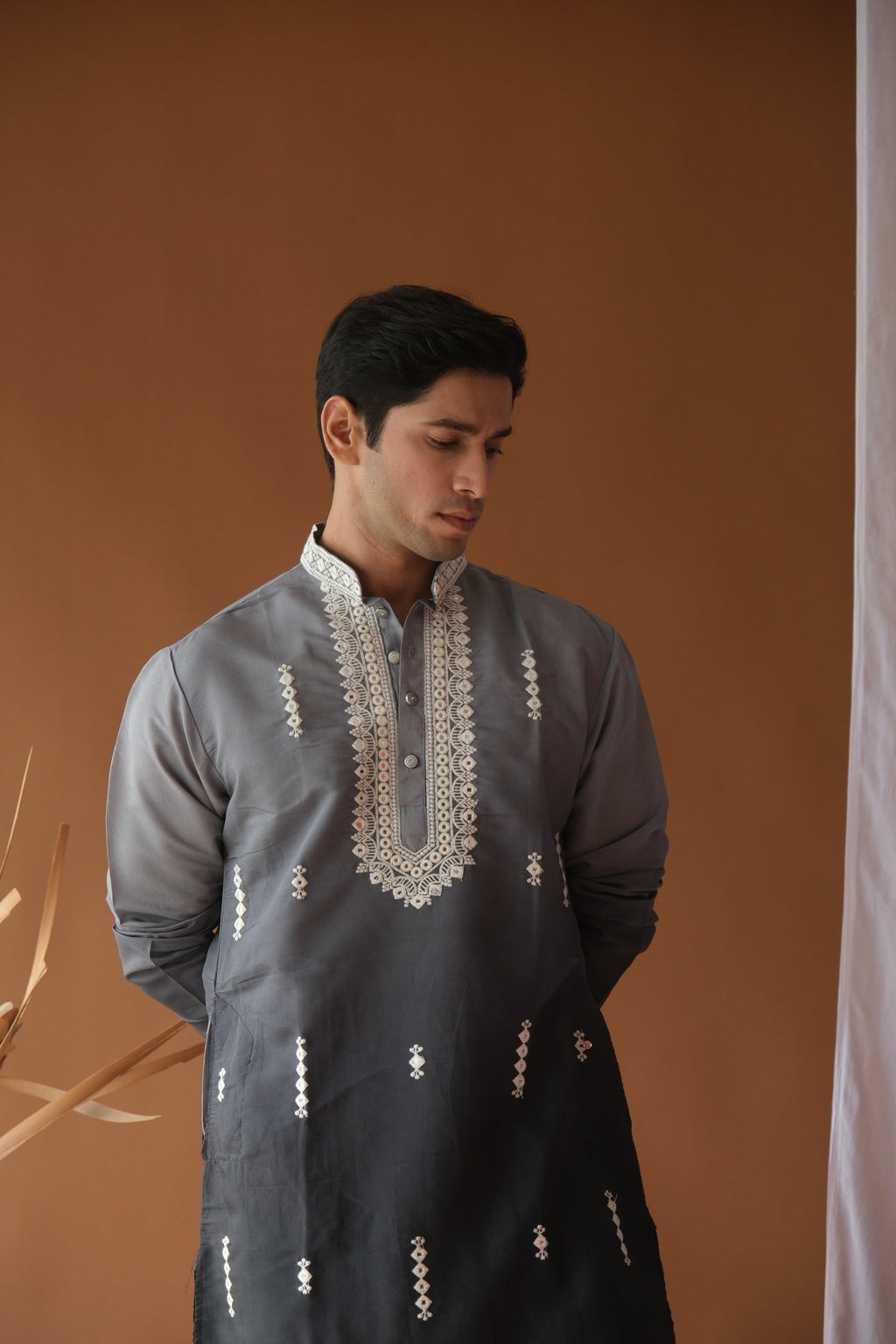 Men's Grey Black Sequence Embroidered Round Neck Kurta