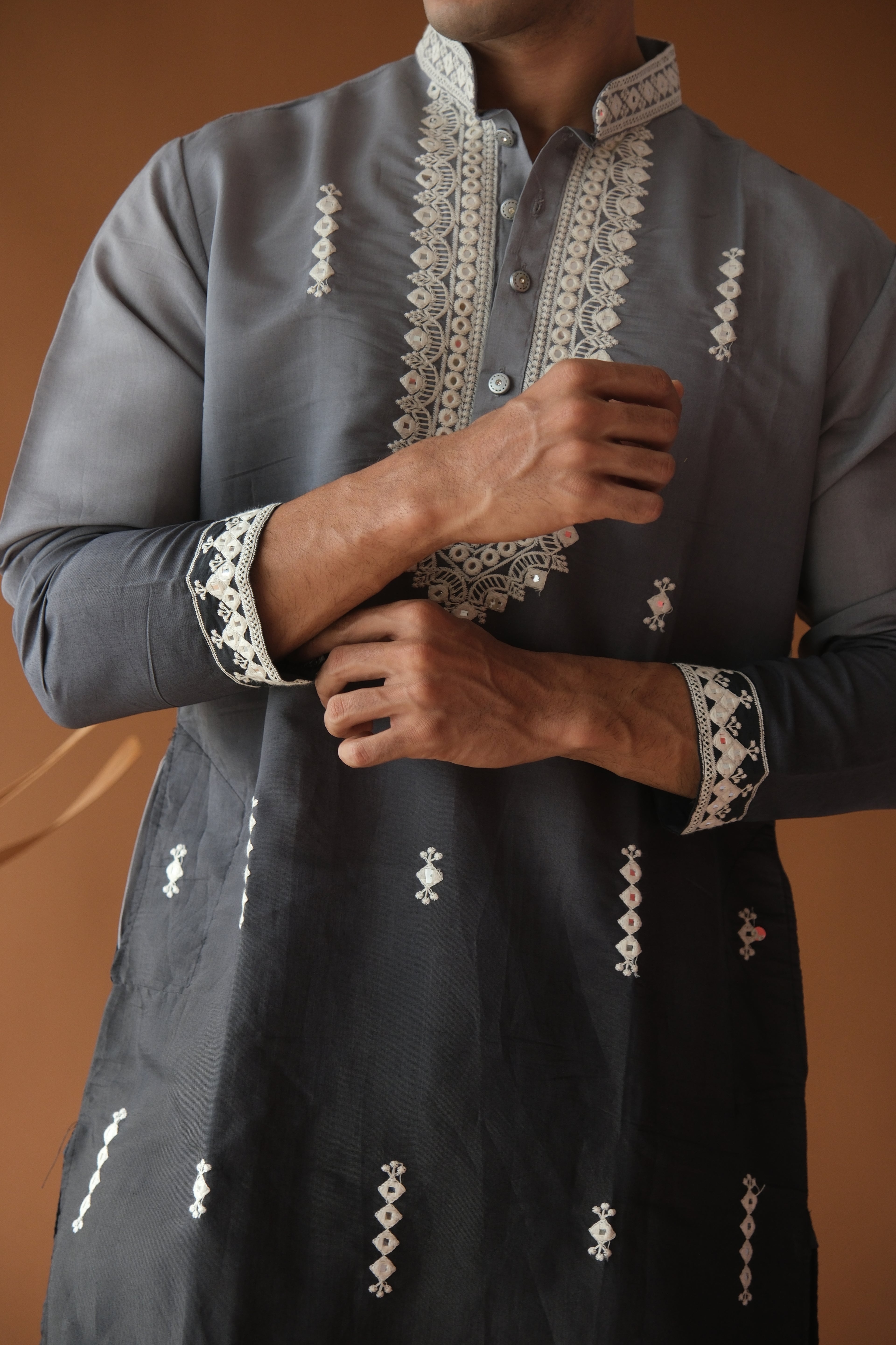 Men's Grey Black Sequence Embroidered Round Neck Kurta