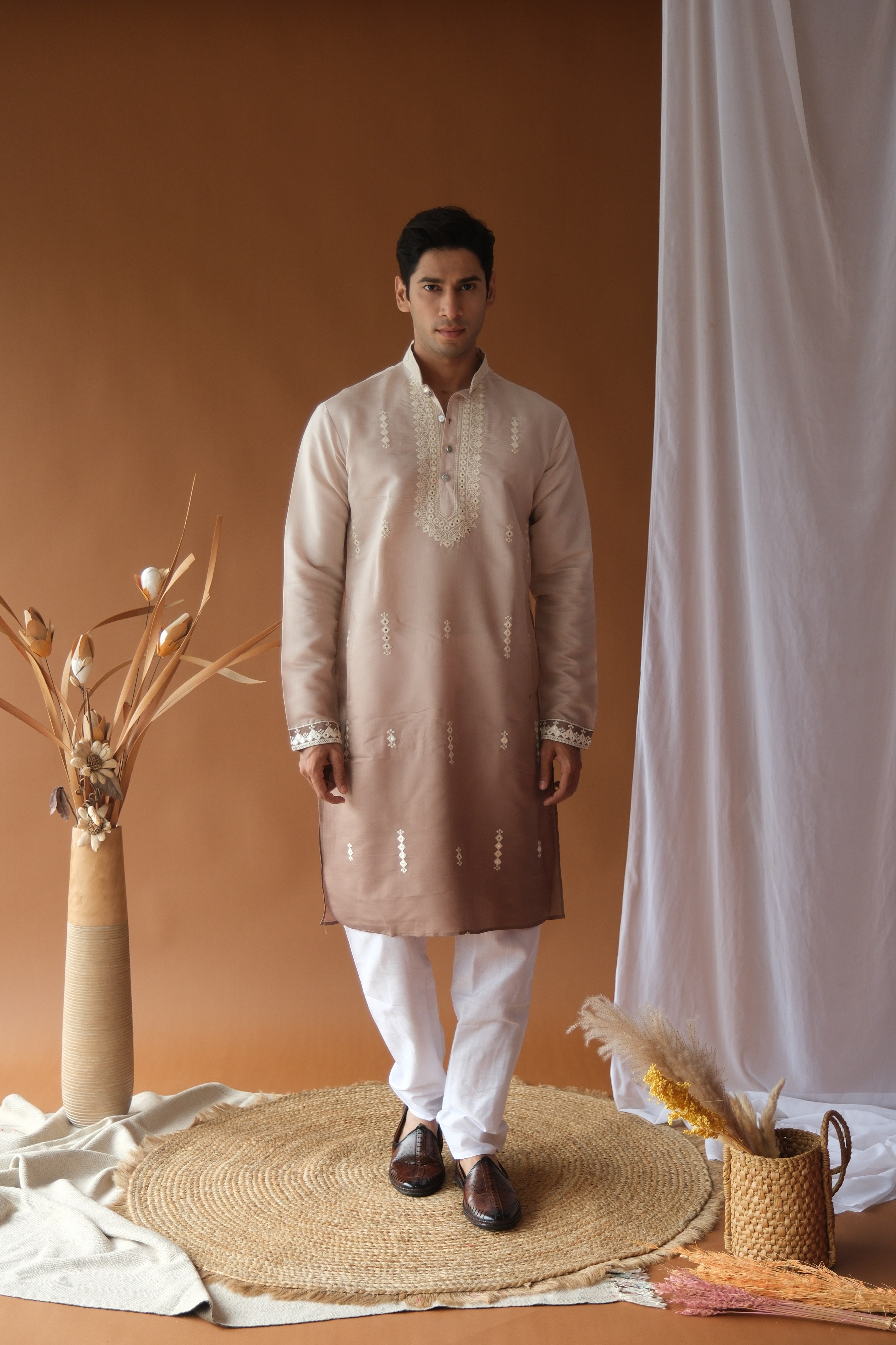 Men's Brown Sequence Embroidered Round Neck Kurta
