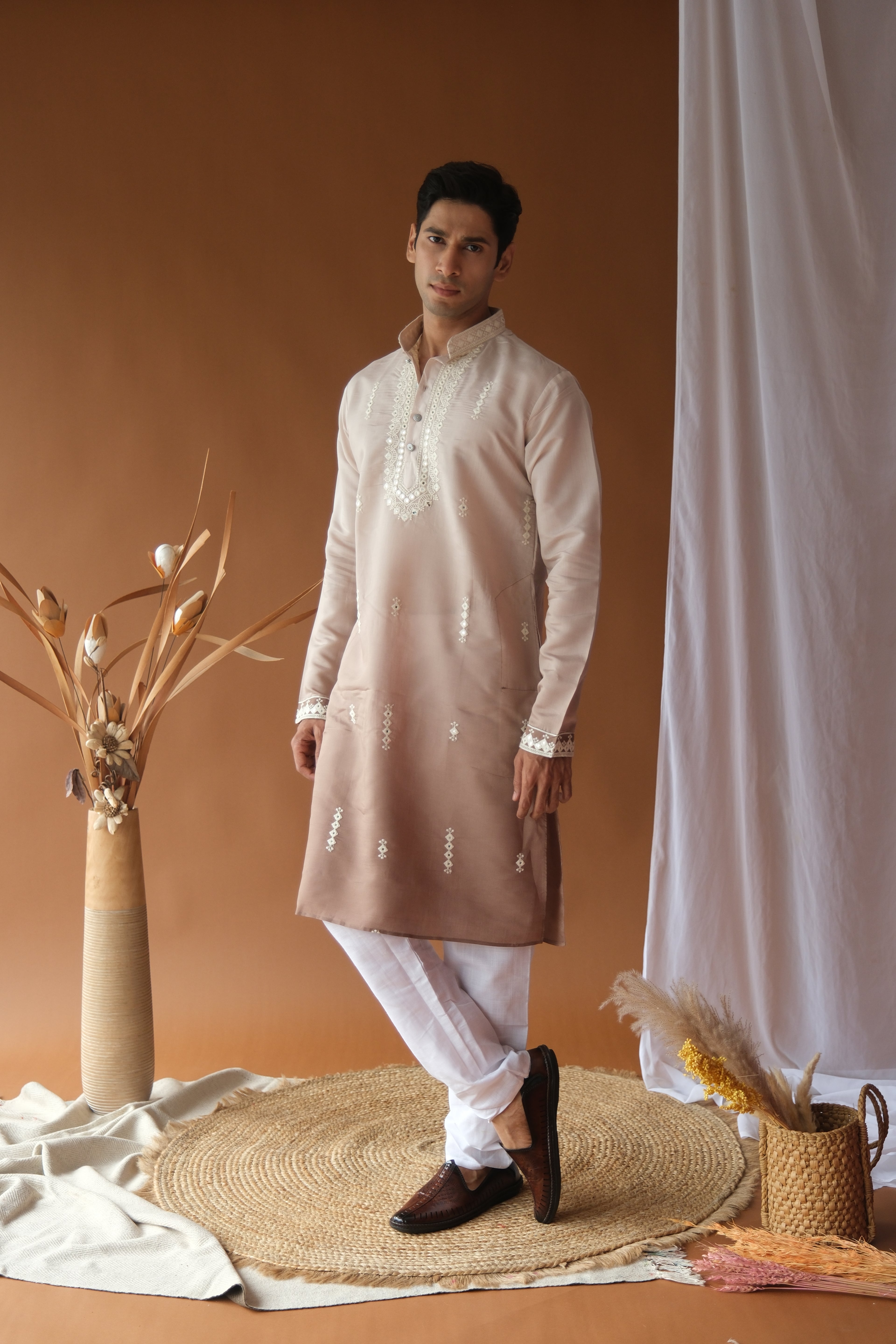 Men's Brown Sequence Embroidered Round Neck Kurta