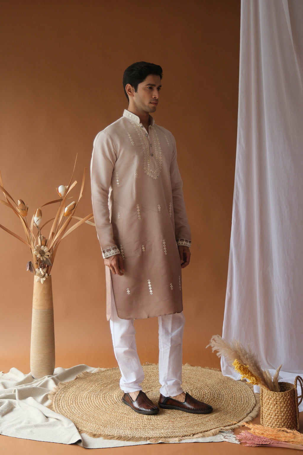 Men's Brown Sequence Embroidered Round Neck Kurta