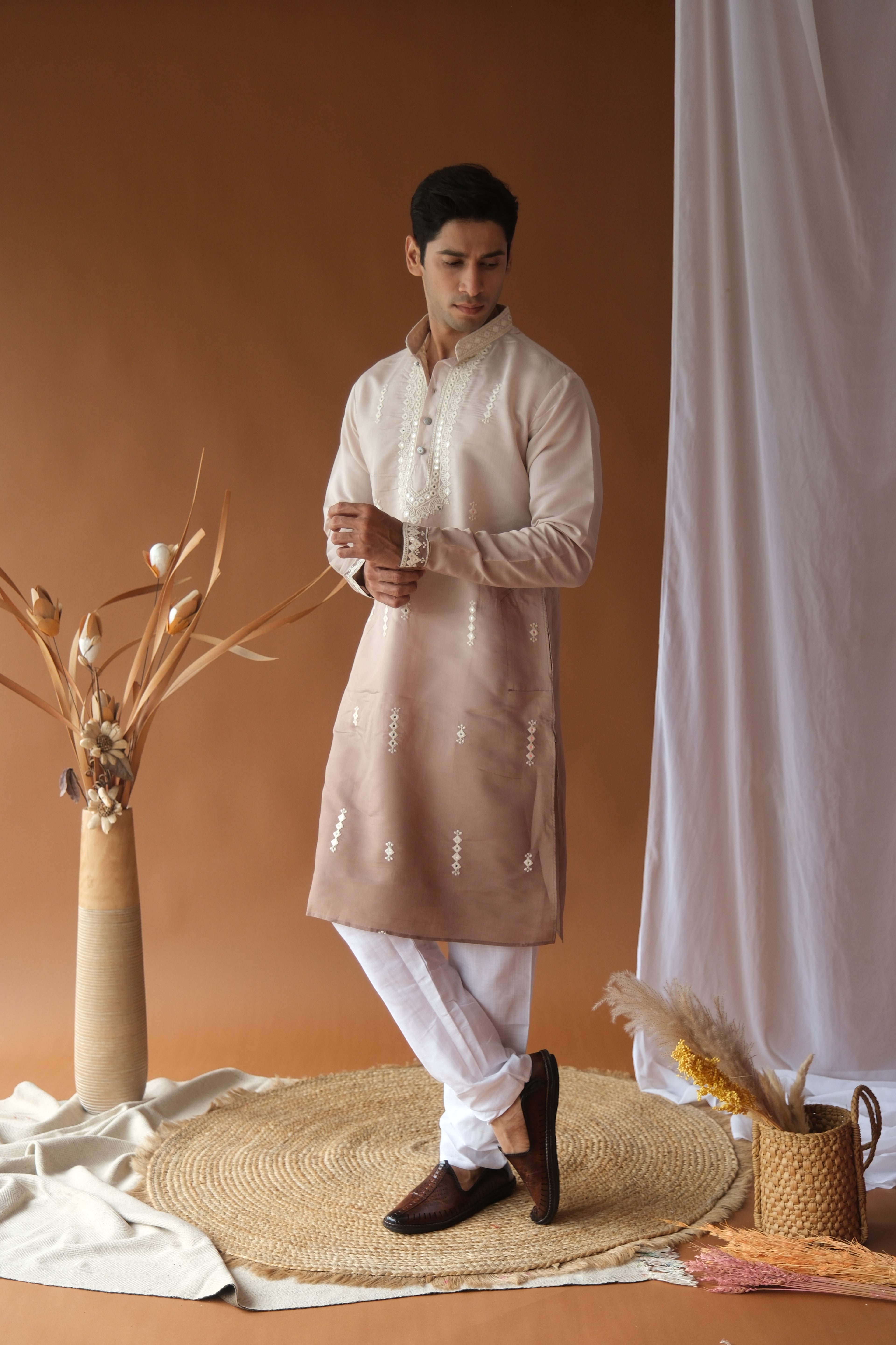 Men's Brown Sequence Embroidered Round Neck Kurta