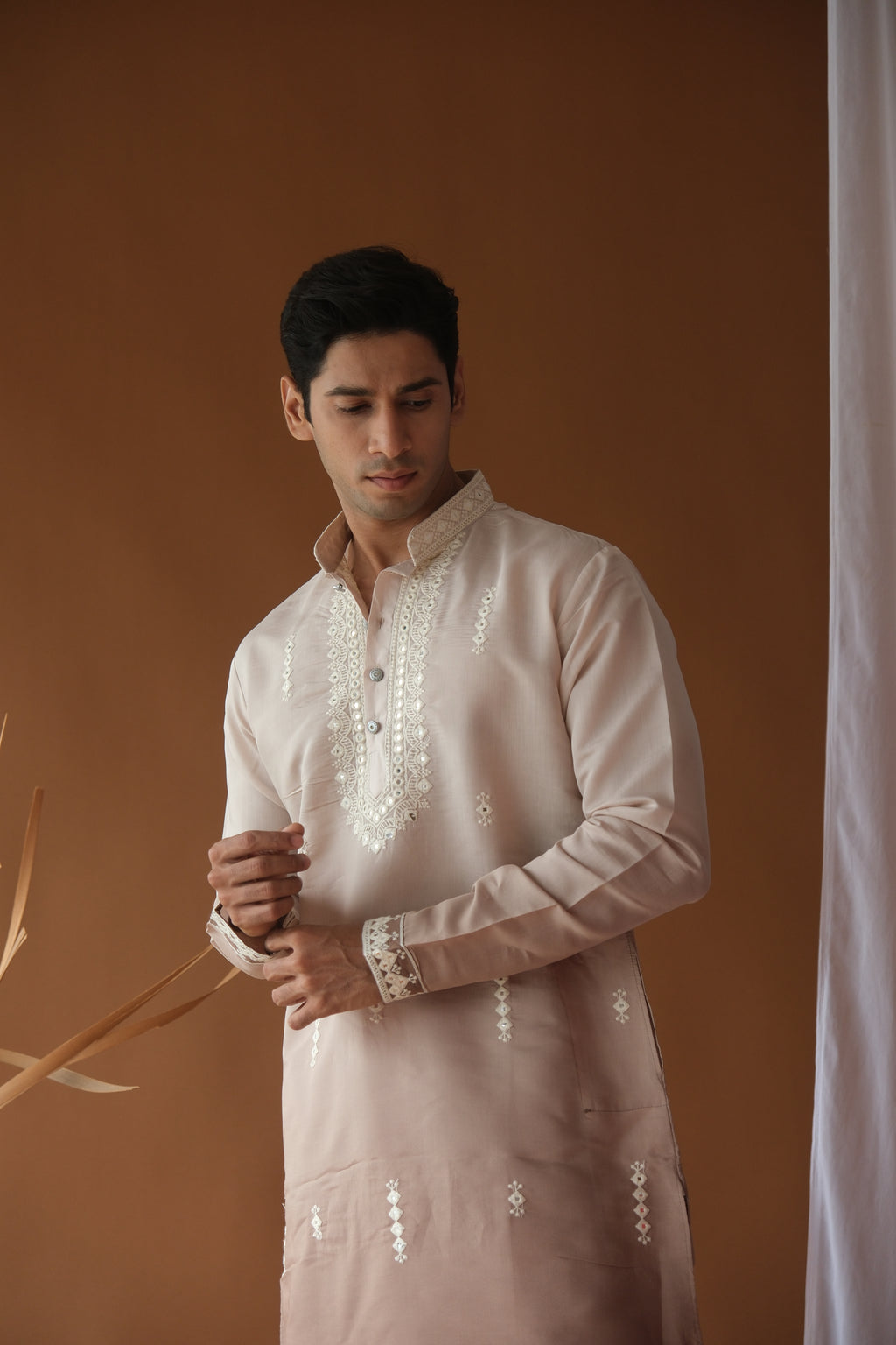 Men's Brown Sequence Embroidered Round Neck Kurta