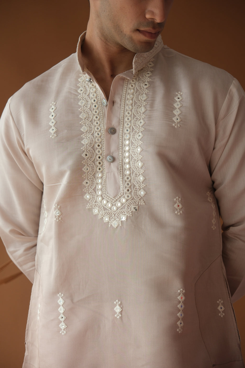 Men's Brown Sequence Embroidered Round Neck Kurta