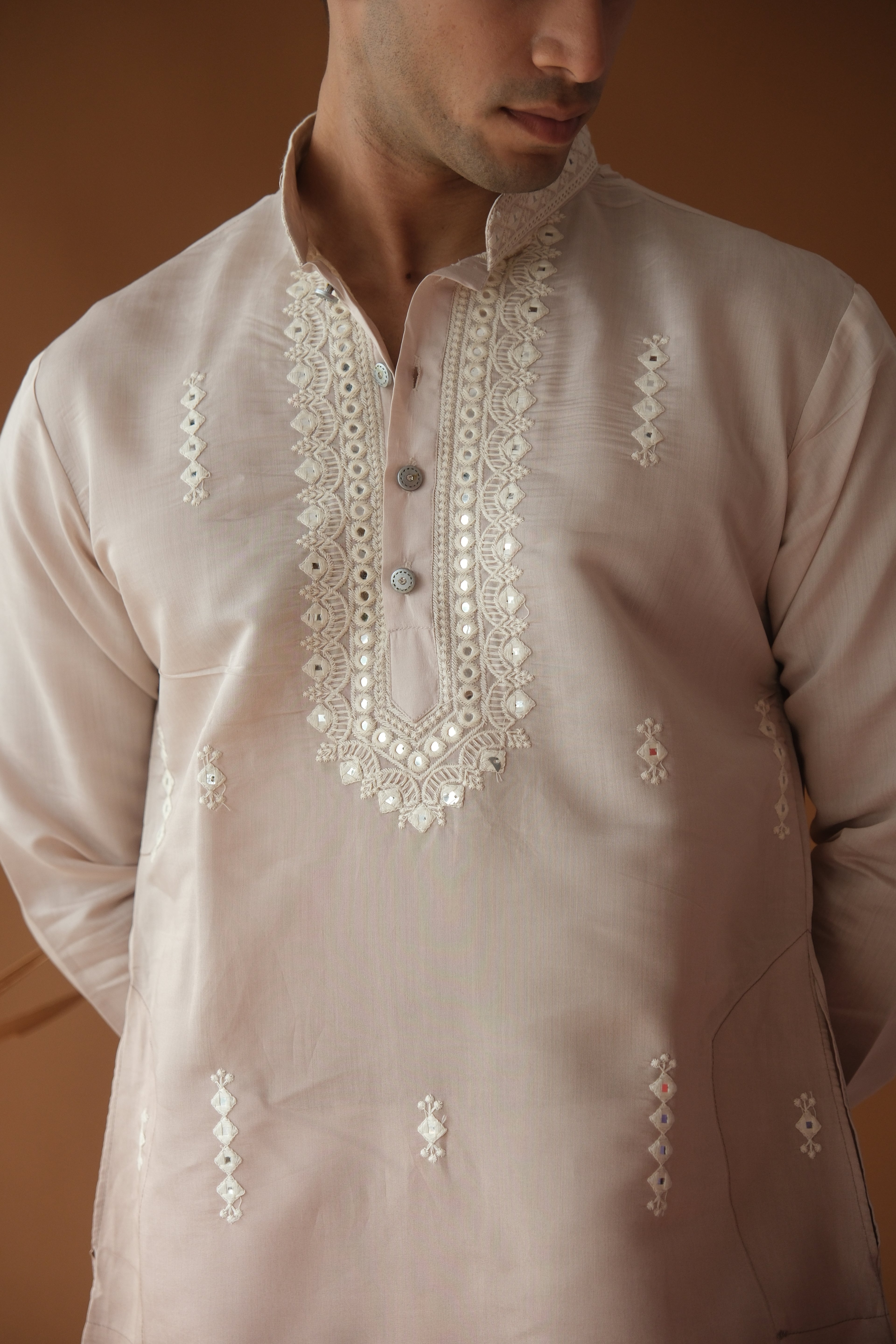 Men's Brown Sequence Embroidered Round Neck Kurta