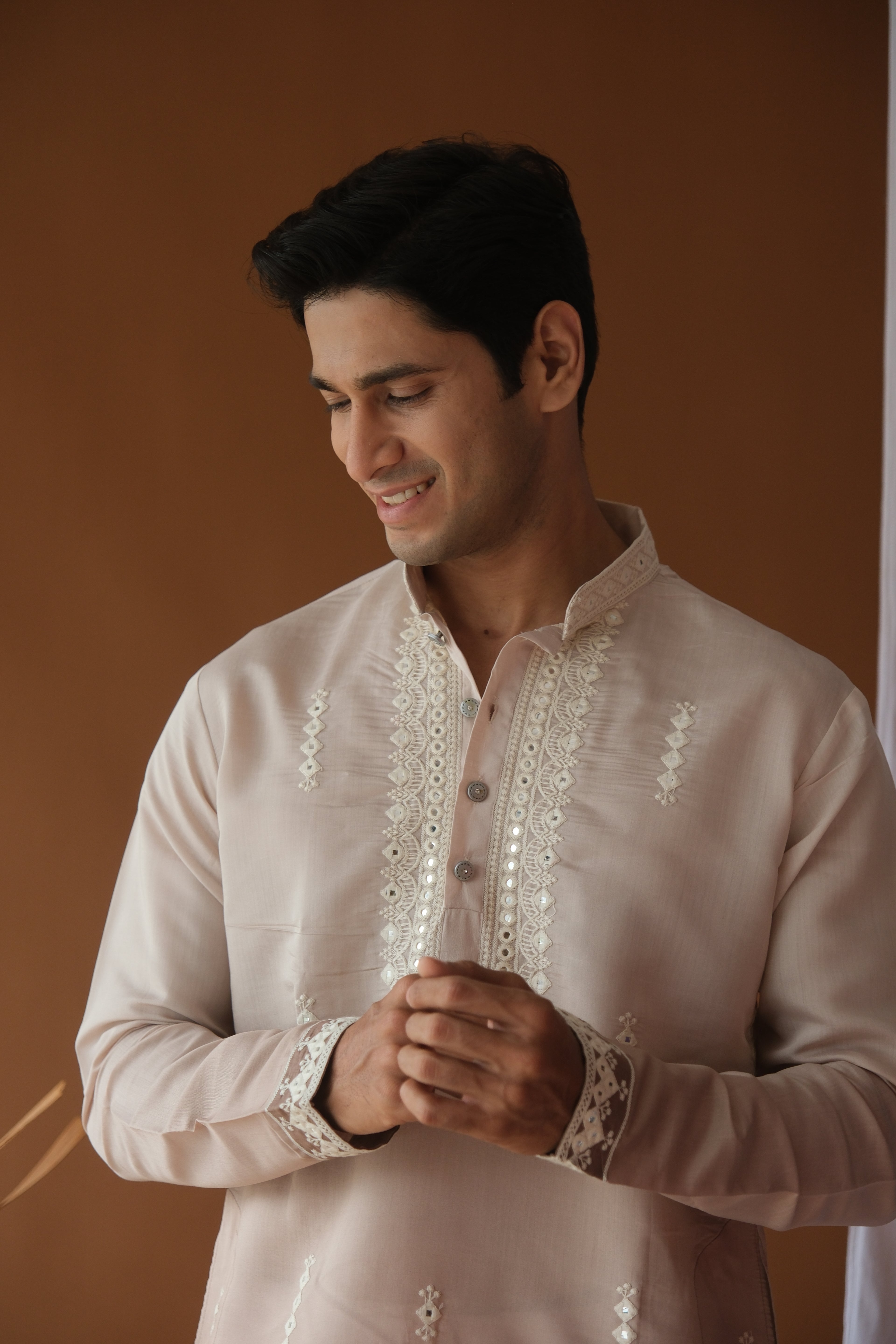 Men's Brown Sequence Embroidered Round Neck Kurta