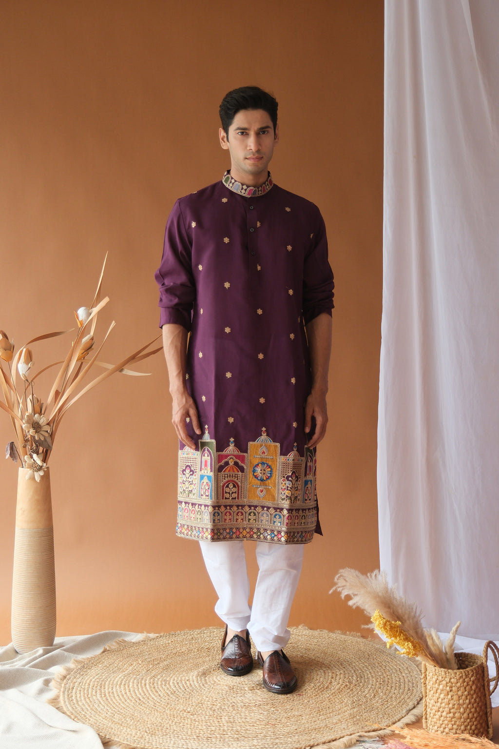 Men's Royal Purple Dori Daman Embroidered Kurta