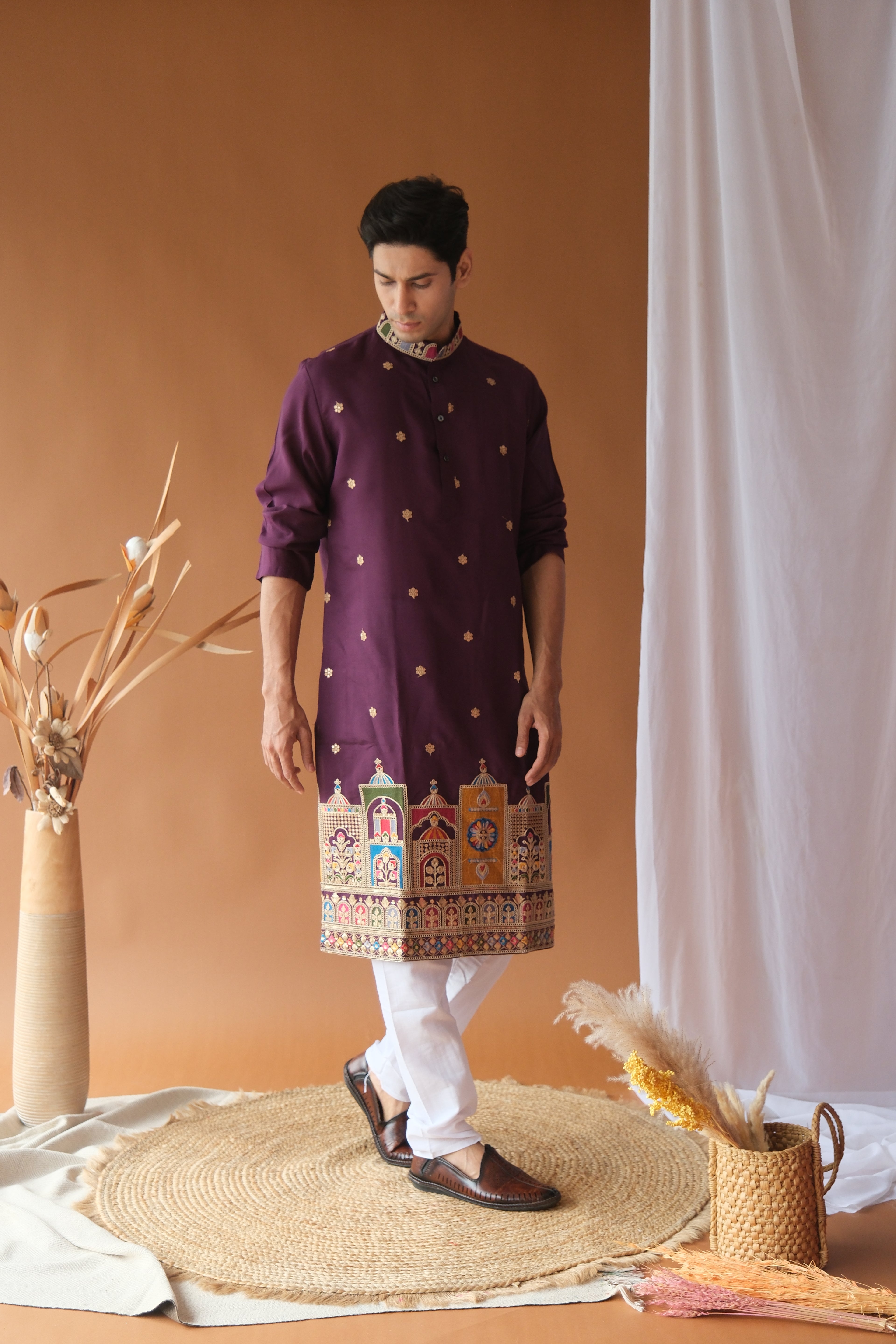 Men's Royal Purple Dori Daman Embroidered Kurta