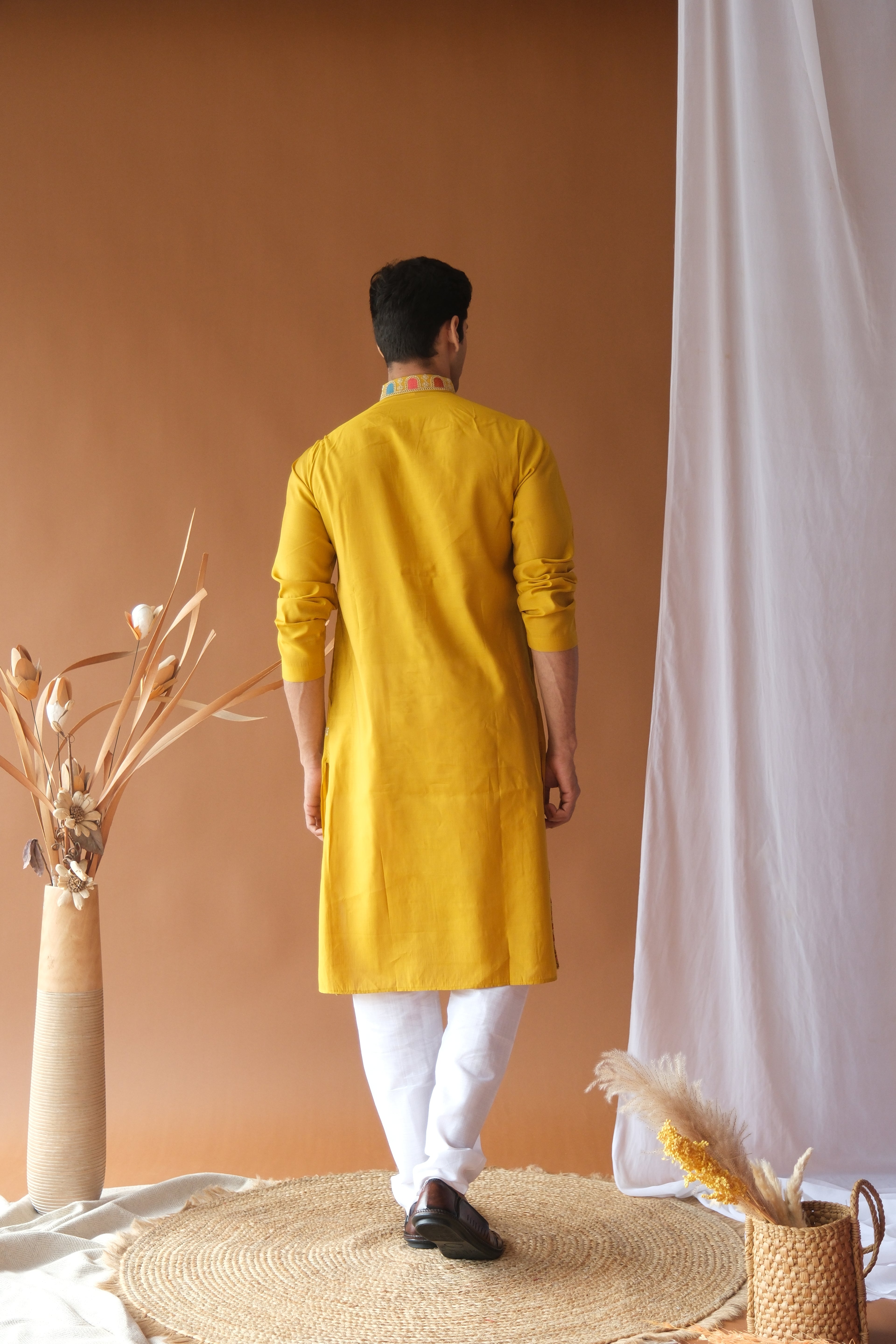Men's Mustard Dori Daman Embroidered Kurta