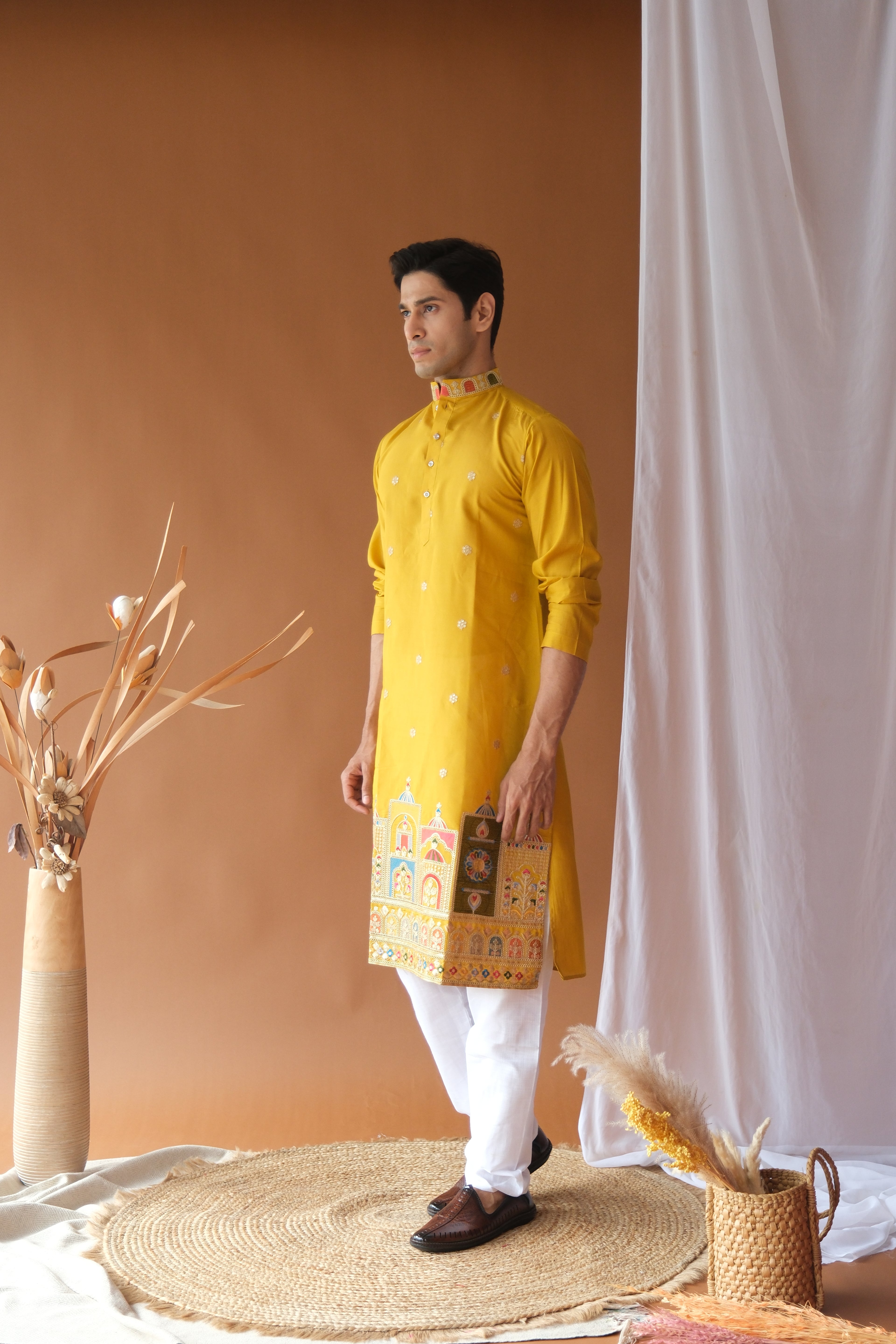 Men's Mustard Dori Daman Embroidered Kurta