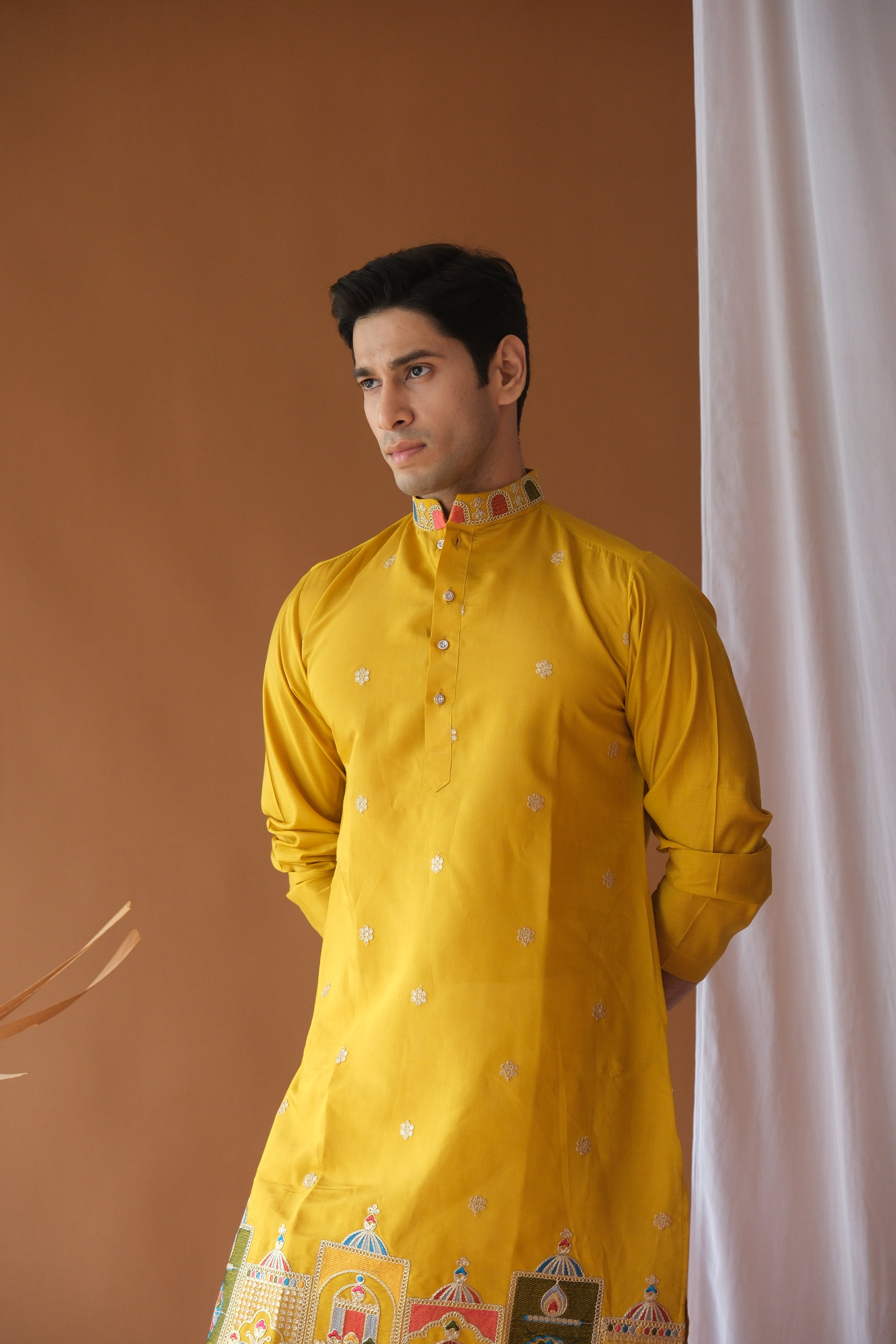 Men's Mustard Dori Daman Embroidered Kurta