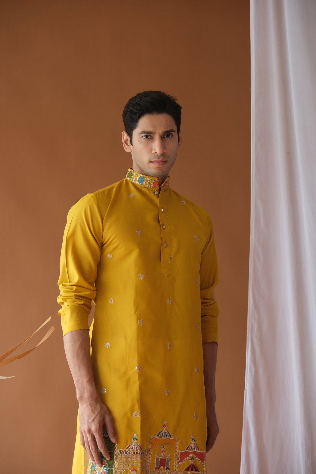 Men's Mustard Dori Daman Embroidered Kurta