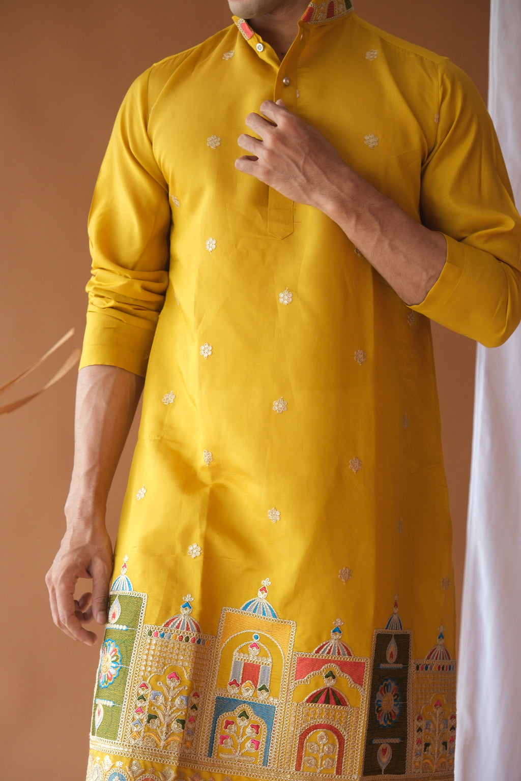 Men's Mustard Dori Daman Embroidered Kurta