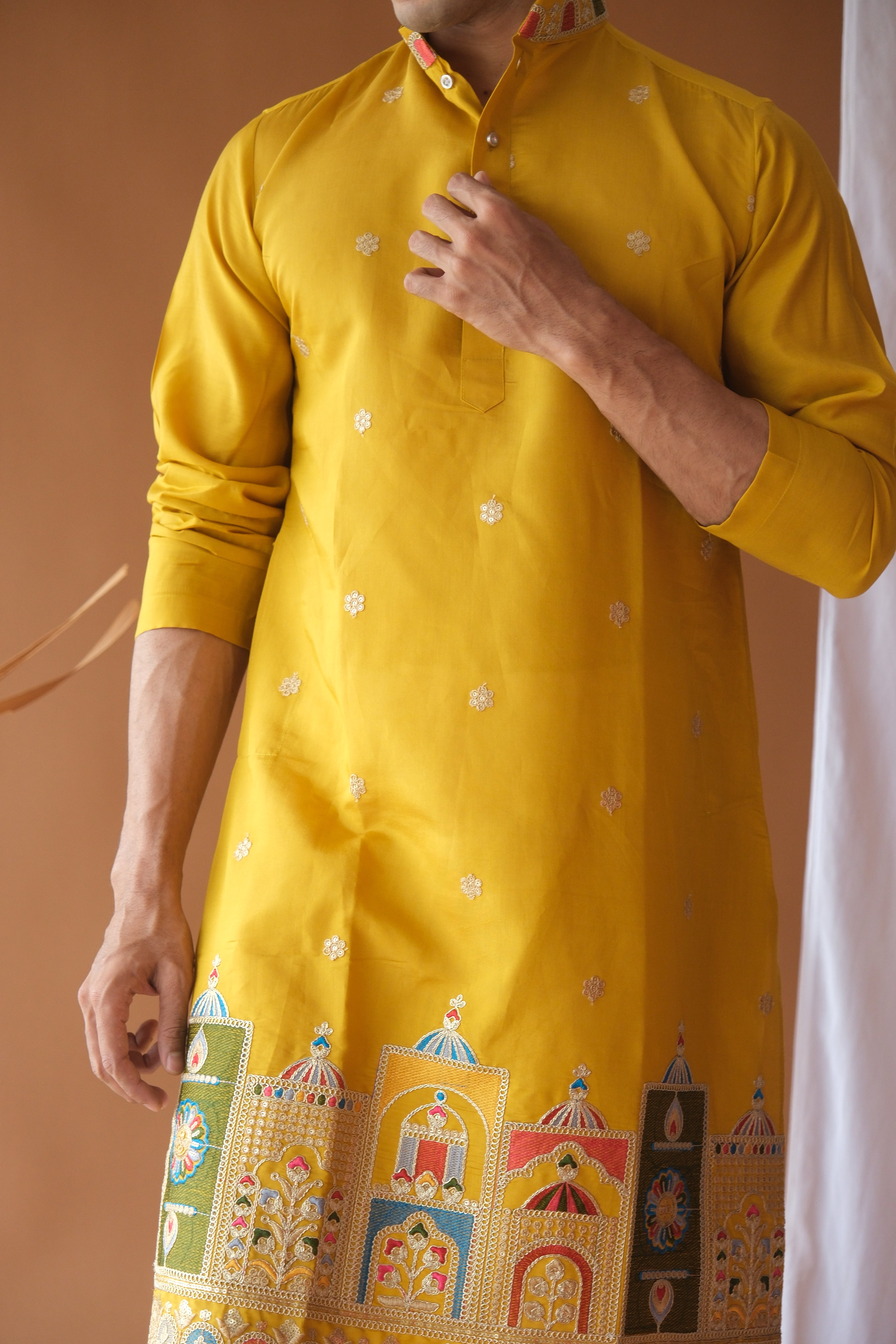 Men's Mustard Dori Daman Embroidered Kurta