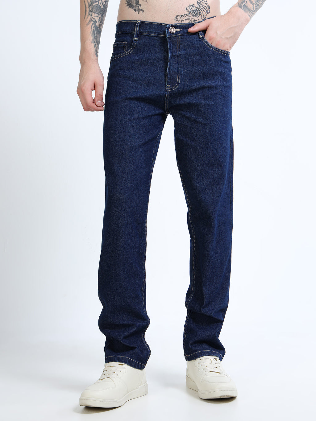 Men Dark Blue Comfort Straight Fit Mid-Rise Clean Look Stretchable Jeans