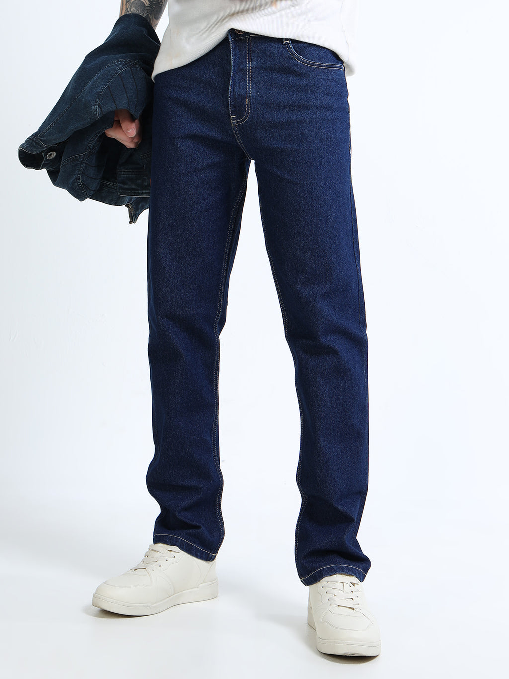 Men Dark Blue Comfort Straight Fit Mid-Rise Clean Look Stretchable Jeans