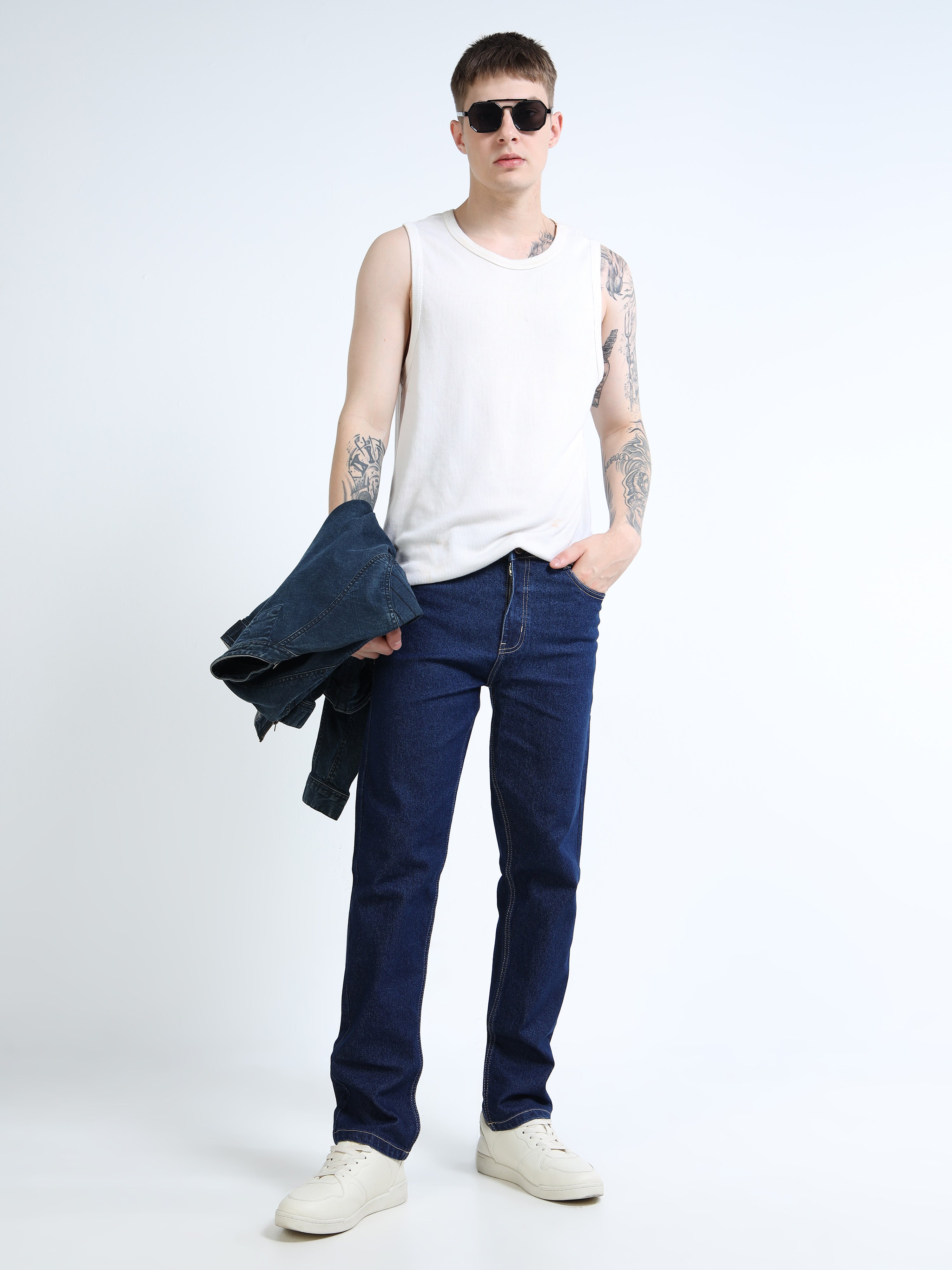 Men Dark Blue Comfort Straight Fit Mid-Rise Clean Look Stretchable Jeans