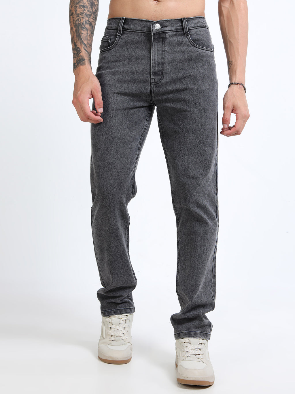 Men Charcoal Grey Straight Fit Heavy Fade Stretchable Jeans