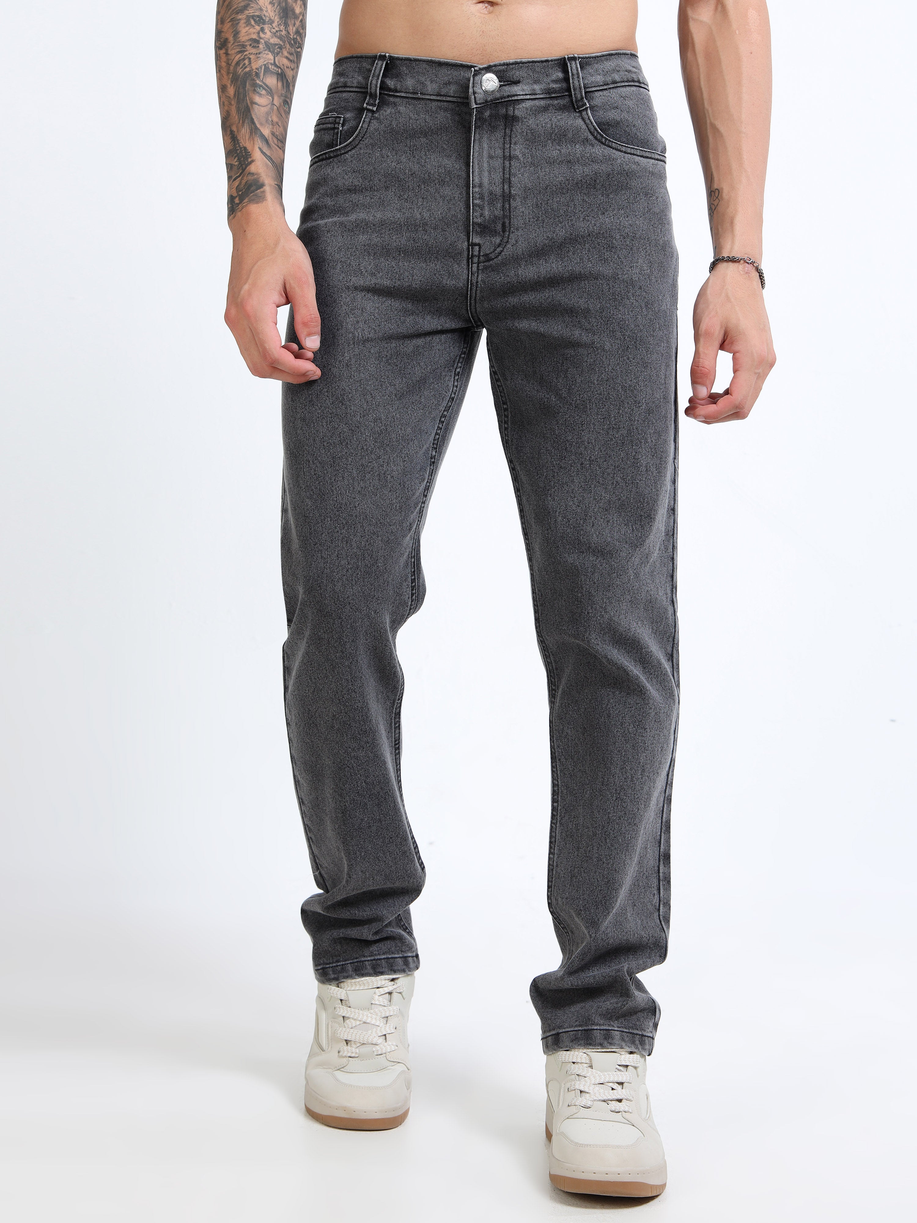 Men Charcoal Grey Straight Fit Heavy Fade Stretchable Jeans